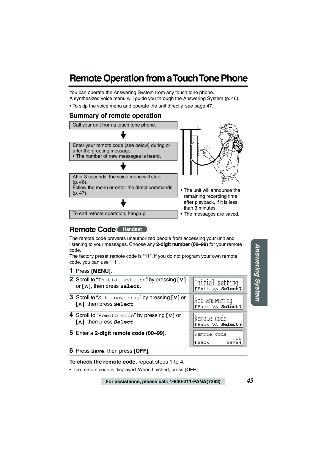 Panasonic KX-TG2224W, KX-TG2224F, KX-TG2224P Remote Code Handset, Summary of remote operation, Enter a 2-digit remote code 