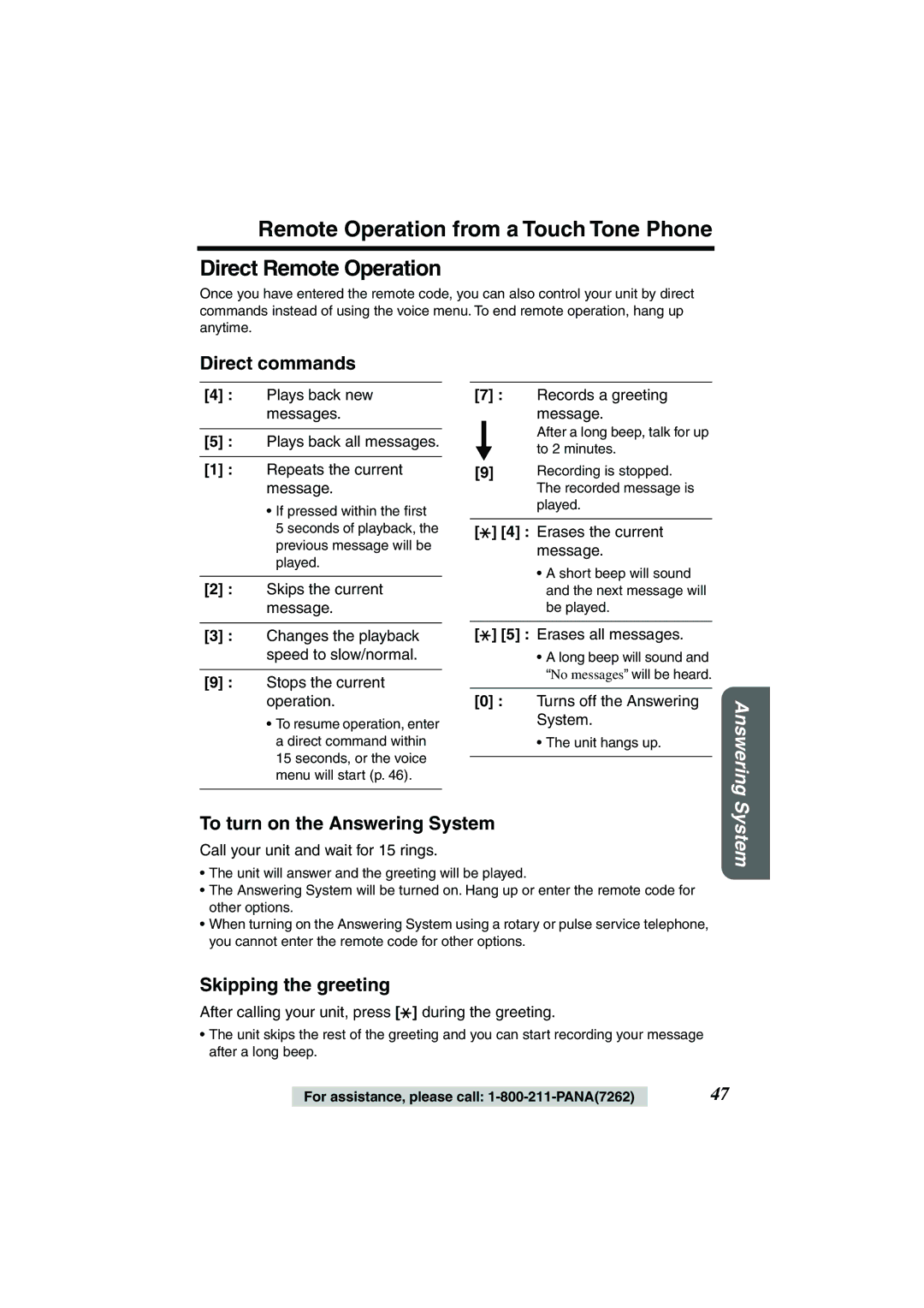 Panasonic KX-TG2224P, KX-TG2224W, KX-TG2224F Direct commands, To turn on the Answering System, Skipping the greeting 