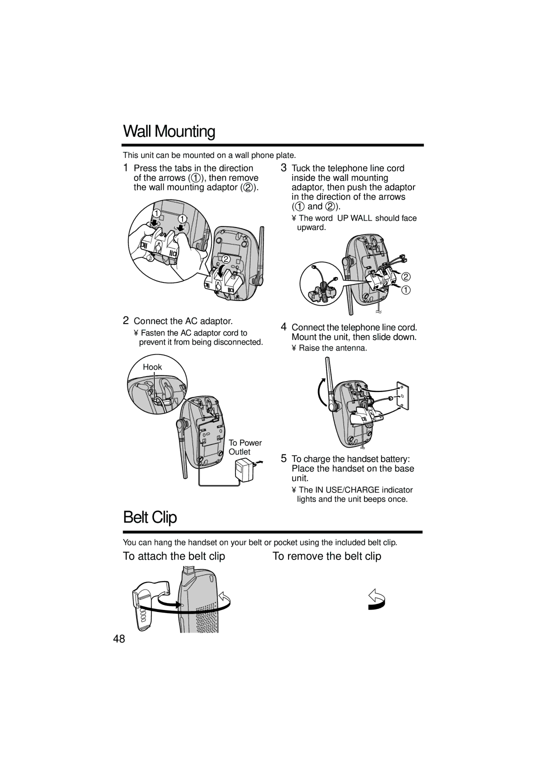 Panasonic KX-TG2224W, KX-TG2224F, KX-TG2224P Wall Mounting, Belt Clip, To attach the belt clip To remove the belt clip 