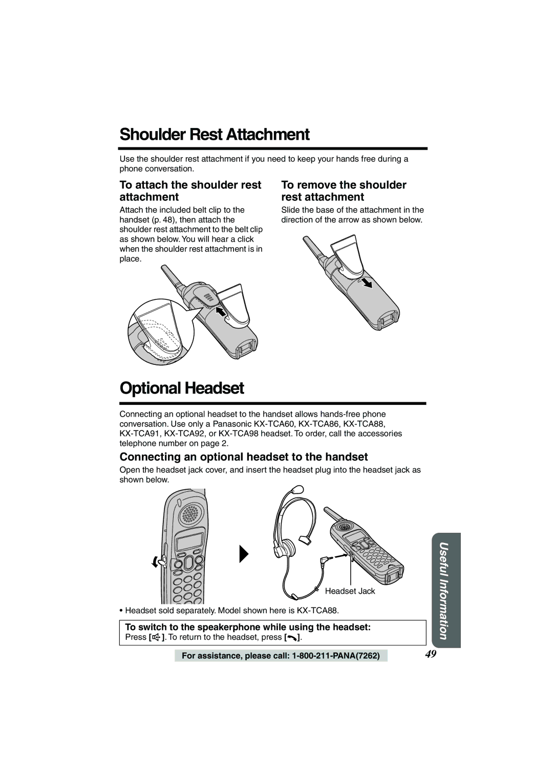 Panasonic KX-TG2224F, KX-TG2224W Shoulder Rest Attachment, Optional Headset, To attach the shoulder rest attachment 