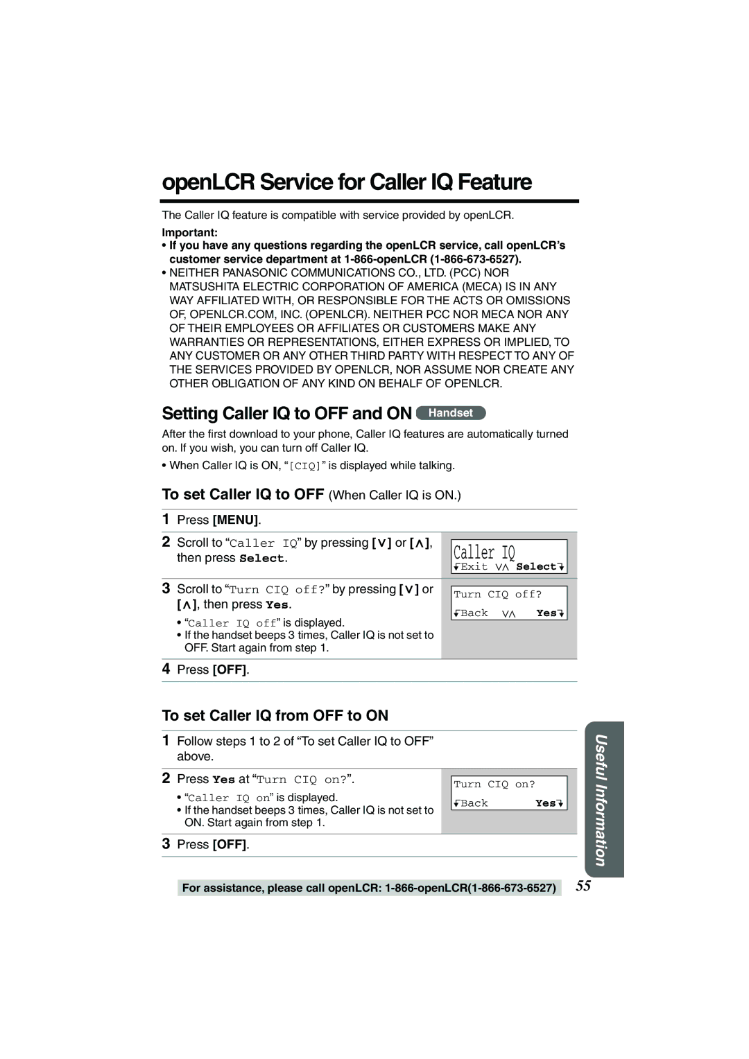 Panasonic KX-TG2224F, KX-TG2224W, KX-TG2224P OpenLCR Service for Caller IQ Feature, Setting Caller IQ to OFF and on Handset 