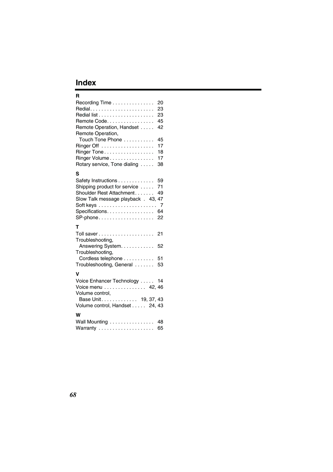 Panasonic KX-TG2224P, KX-TG2224W, KX-TG2224F operating instructions Index 