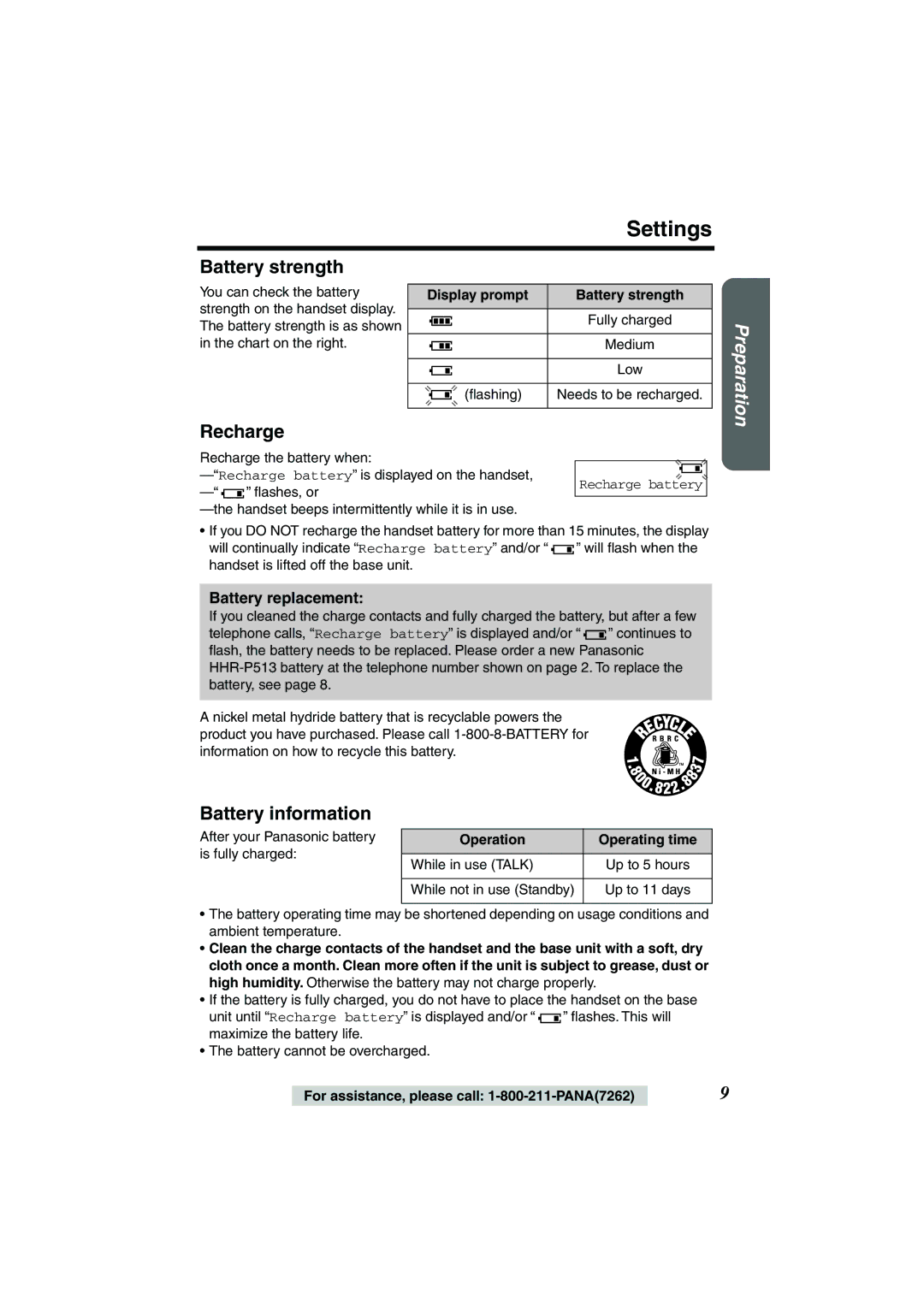 Panasonic KX-TG2224W, KX-TG2224F, KX-TG2224P Settings, Battery strength, Recharge, Battery information, Battery replacement 