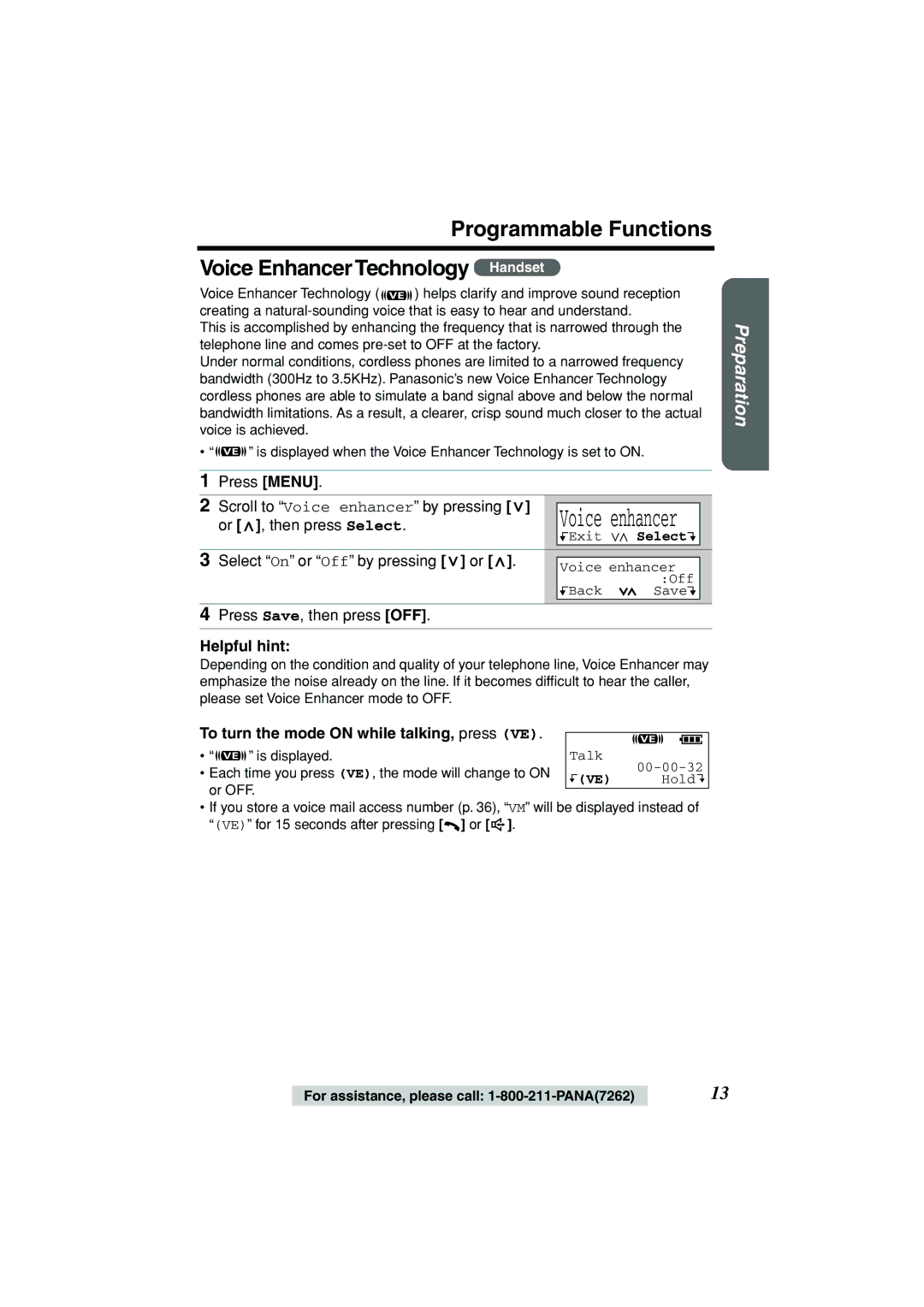 Panasonic KX-TG2235B Programmable Functions Voice Enhancer Technology Handset, Select On or Off by pressing or 