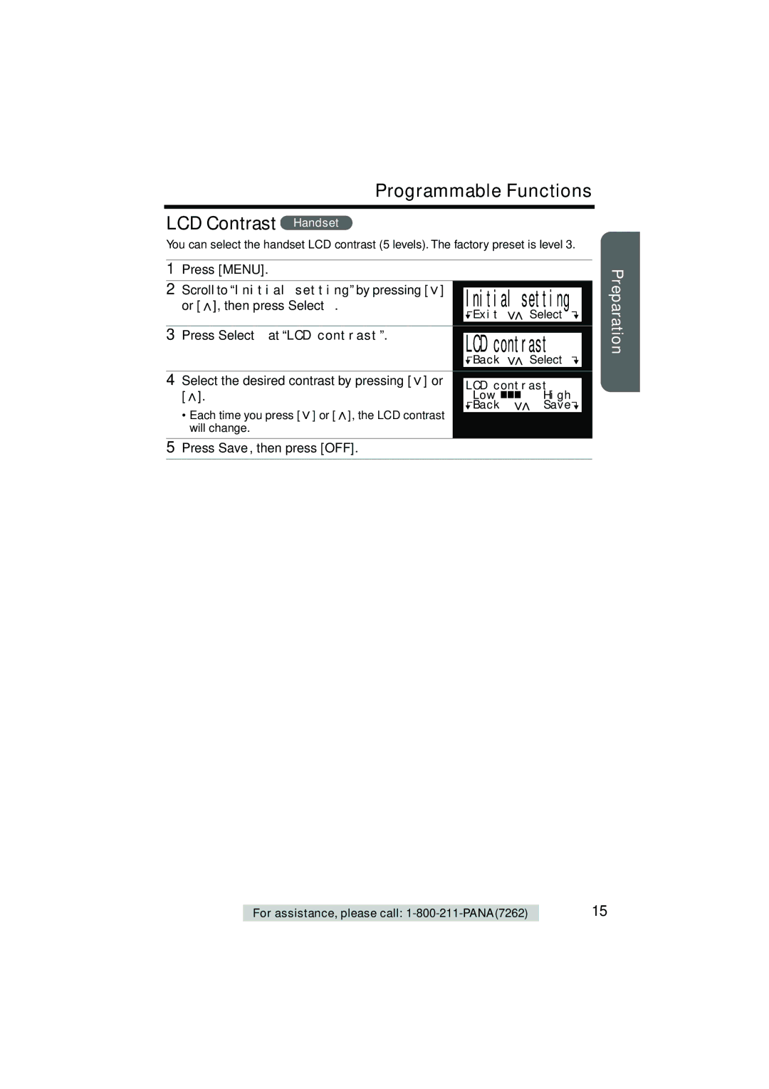 Panasonic KX-TG2235B Programmable Functions LCD Contrast Handset, Press Menu Scroll to Initial setting by pressing 