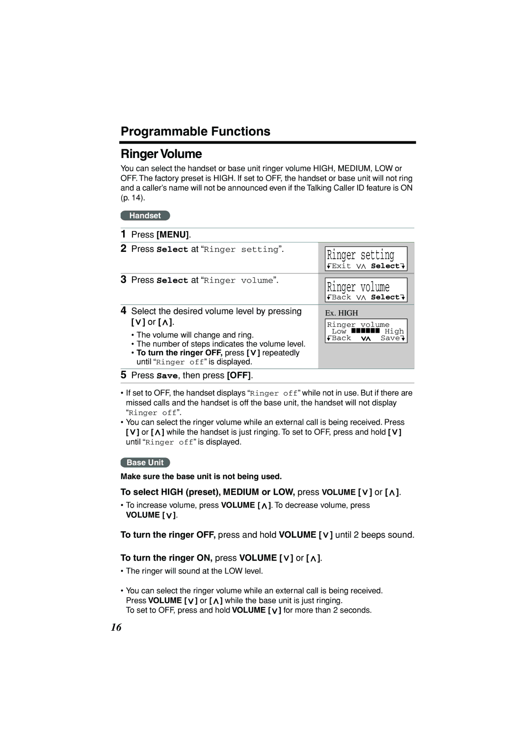 Panasonic KX-TG2235B Programmable Functions Ringer Volume, Select the desired volume level by pressing 