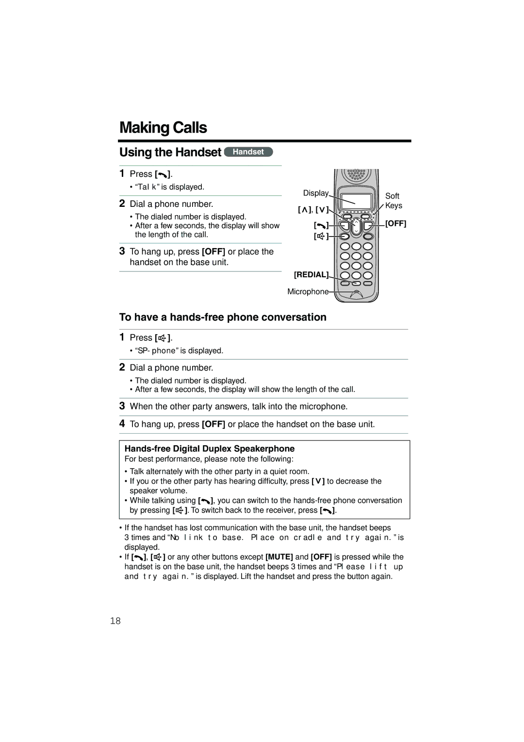 Panasonic KX-TG2235B To have a hands-free phone conversation, To hang up, press OFF or place the handset on the base unit 