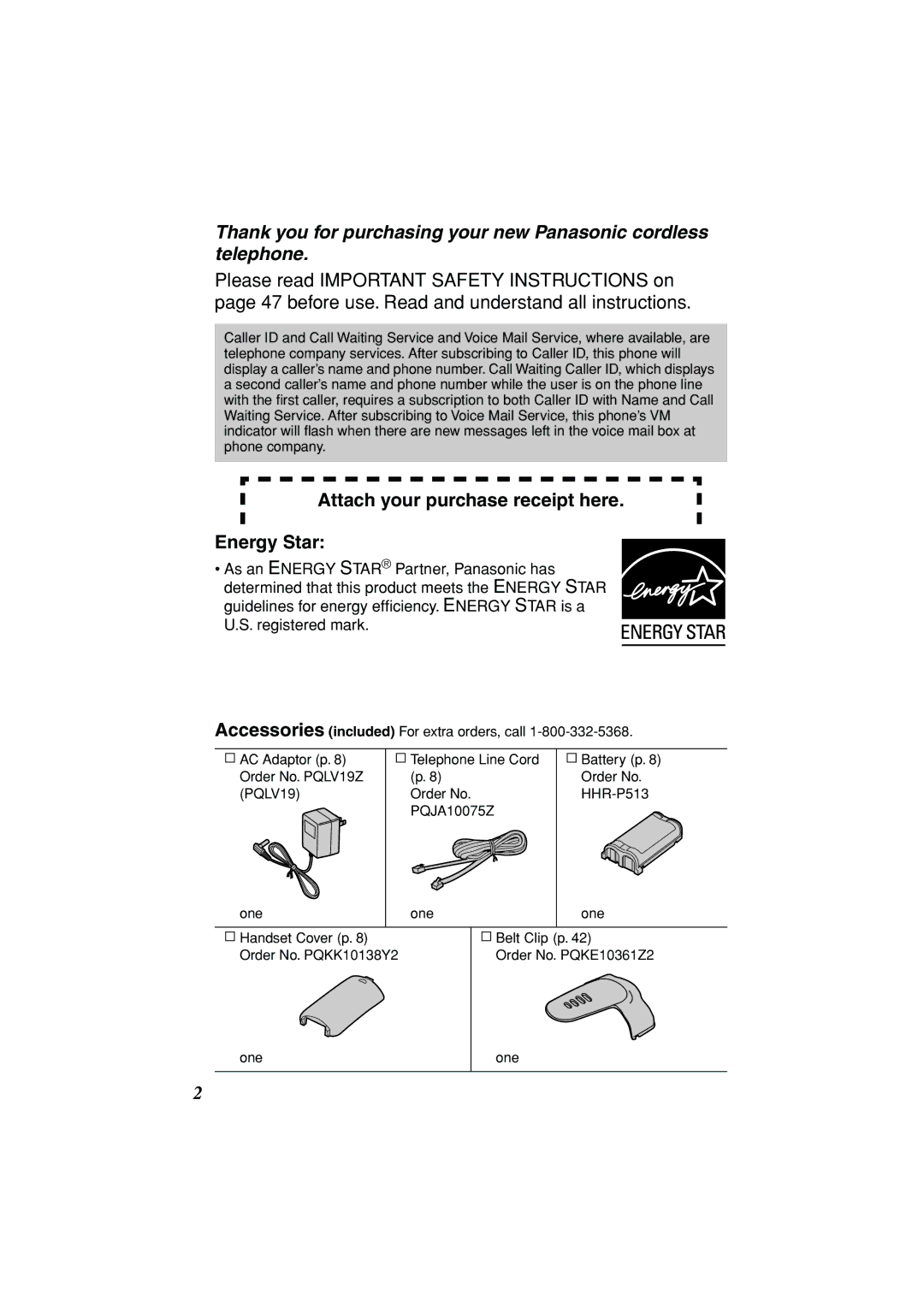 Panasonic KX-TG2235B operating instructions Attach your purchase receipt here Energy Star 