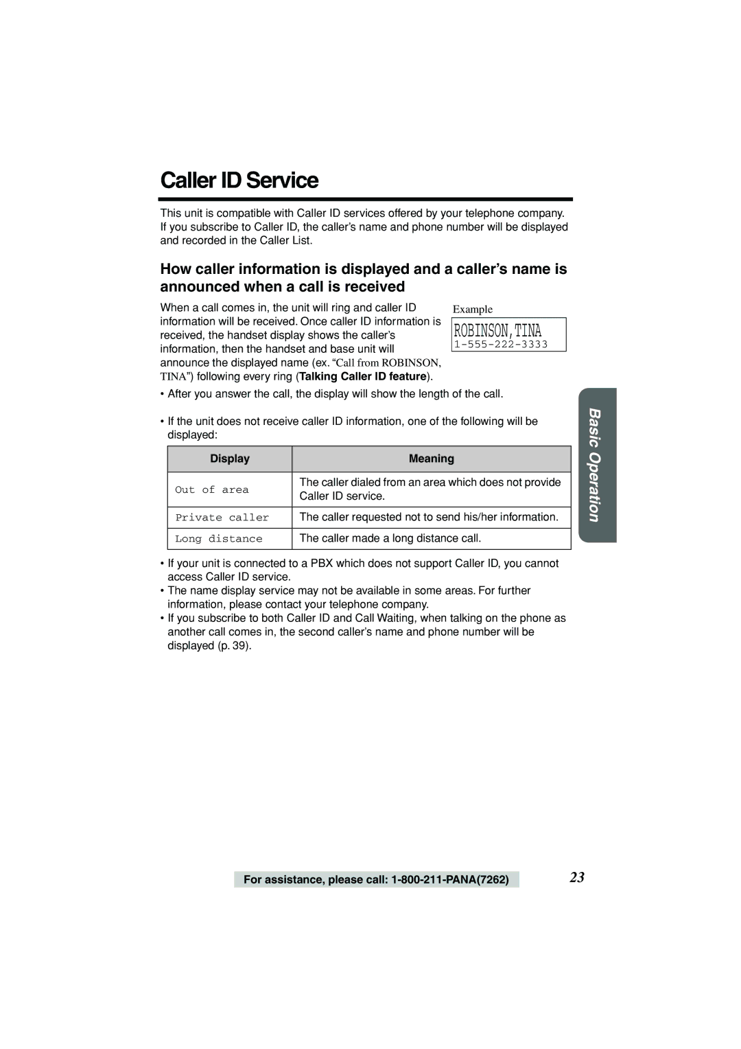 Panasonic KX-TG2235B operating instructions Caller ID Service, Robinson,Tina 