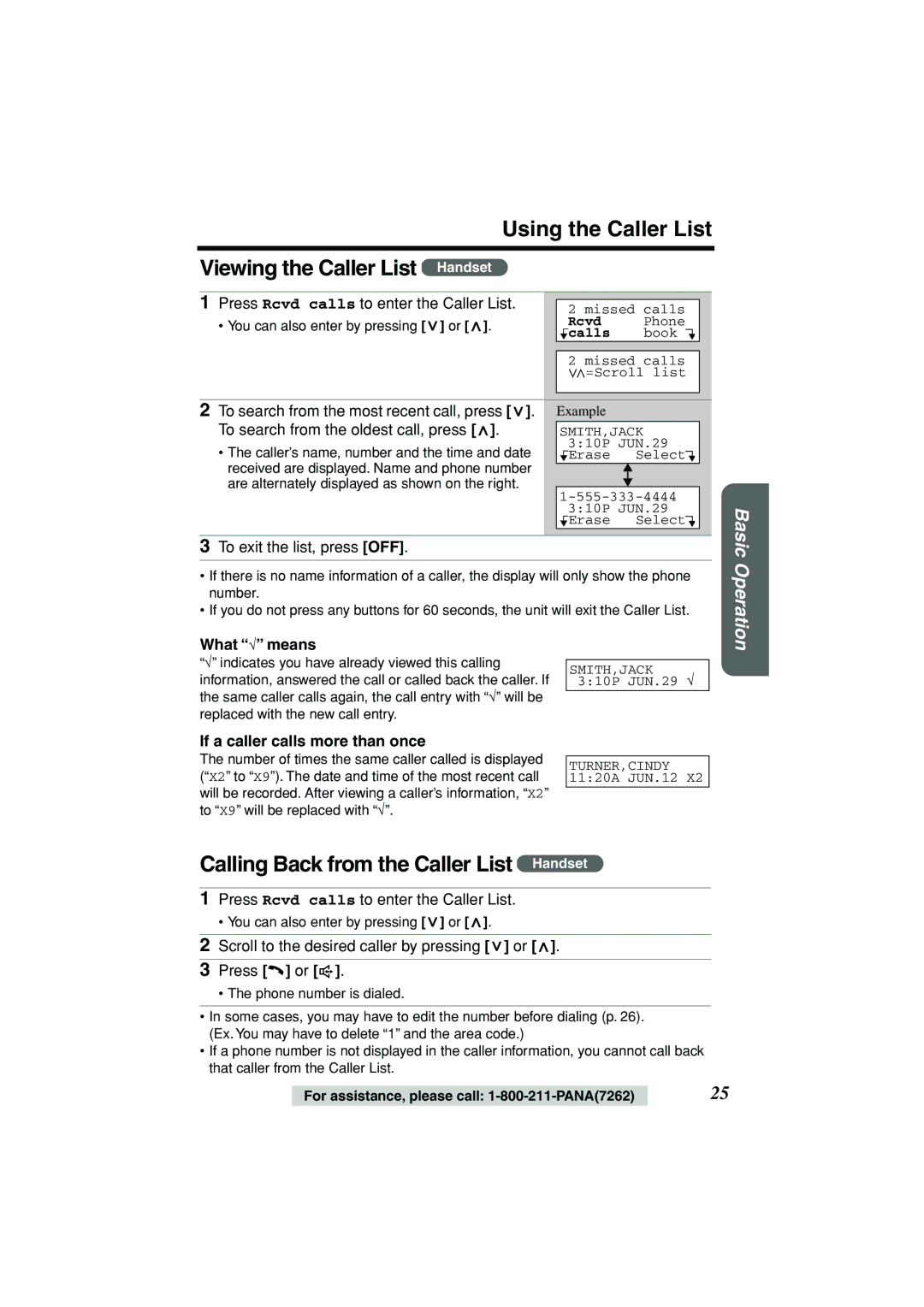 Panasonic KX-TG2235B Using the Caller List Viewing the Caller List Handset, Calling Back from the Caller List Handset 