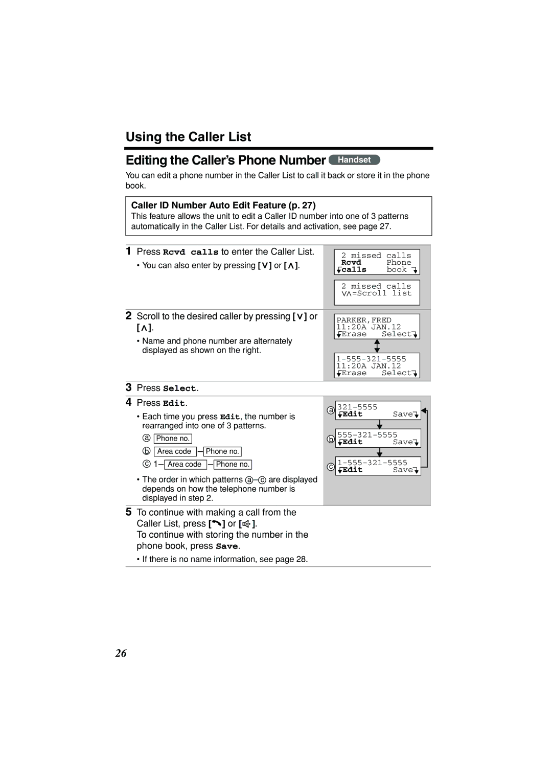 Panasonic KX-TG2235B Caller ID Number Auto Edit Feature p, Scroll to the desired caller by pressing or 