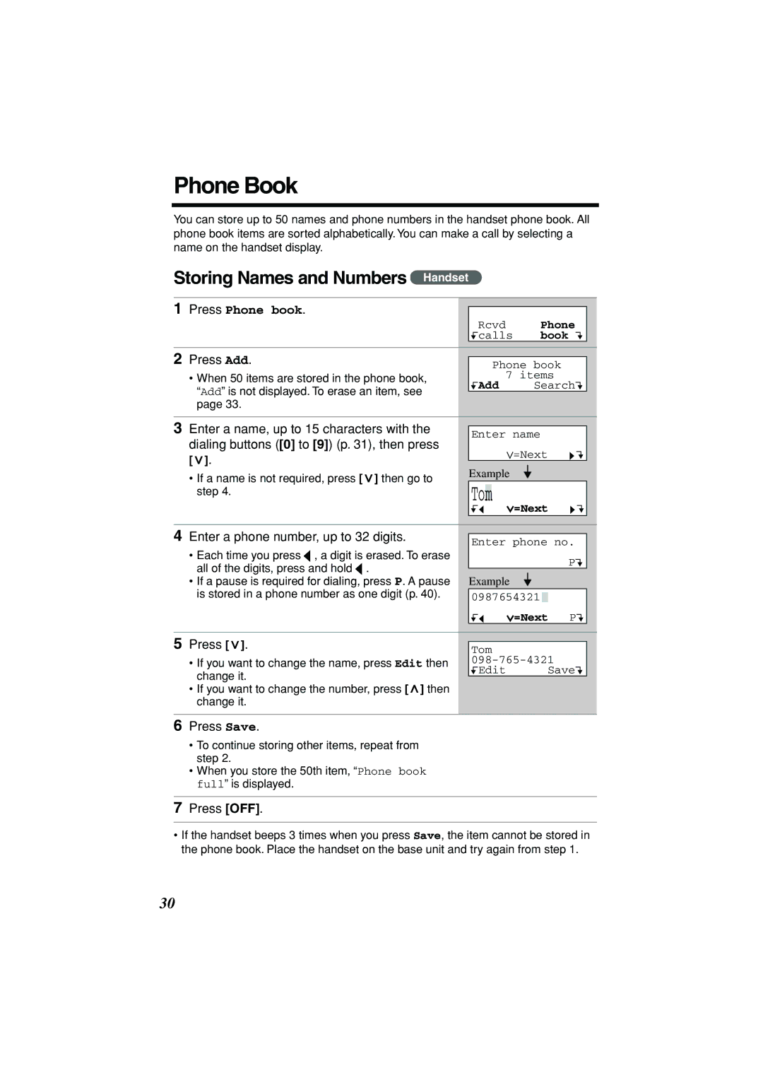 Panasonic KX-TG2235B Phone Book, Storing Names and Numbers Handset, Press Add, Enter a phone number, up to 32 digits 