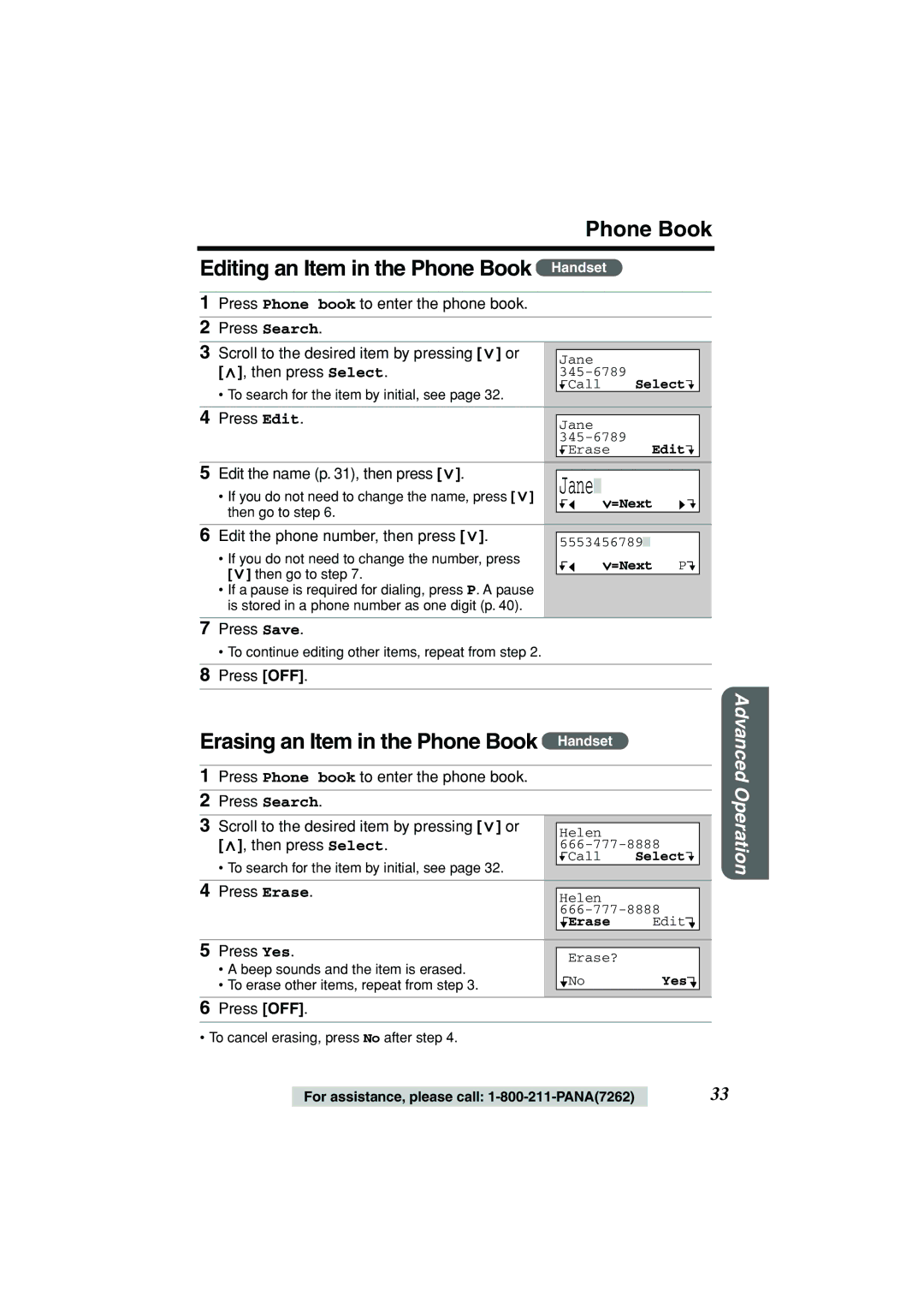 Panasonic KX-TG2235B Erasing an Item in the Phone Book Handset, Edit the name p , then press, Press Erase 