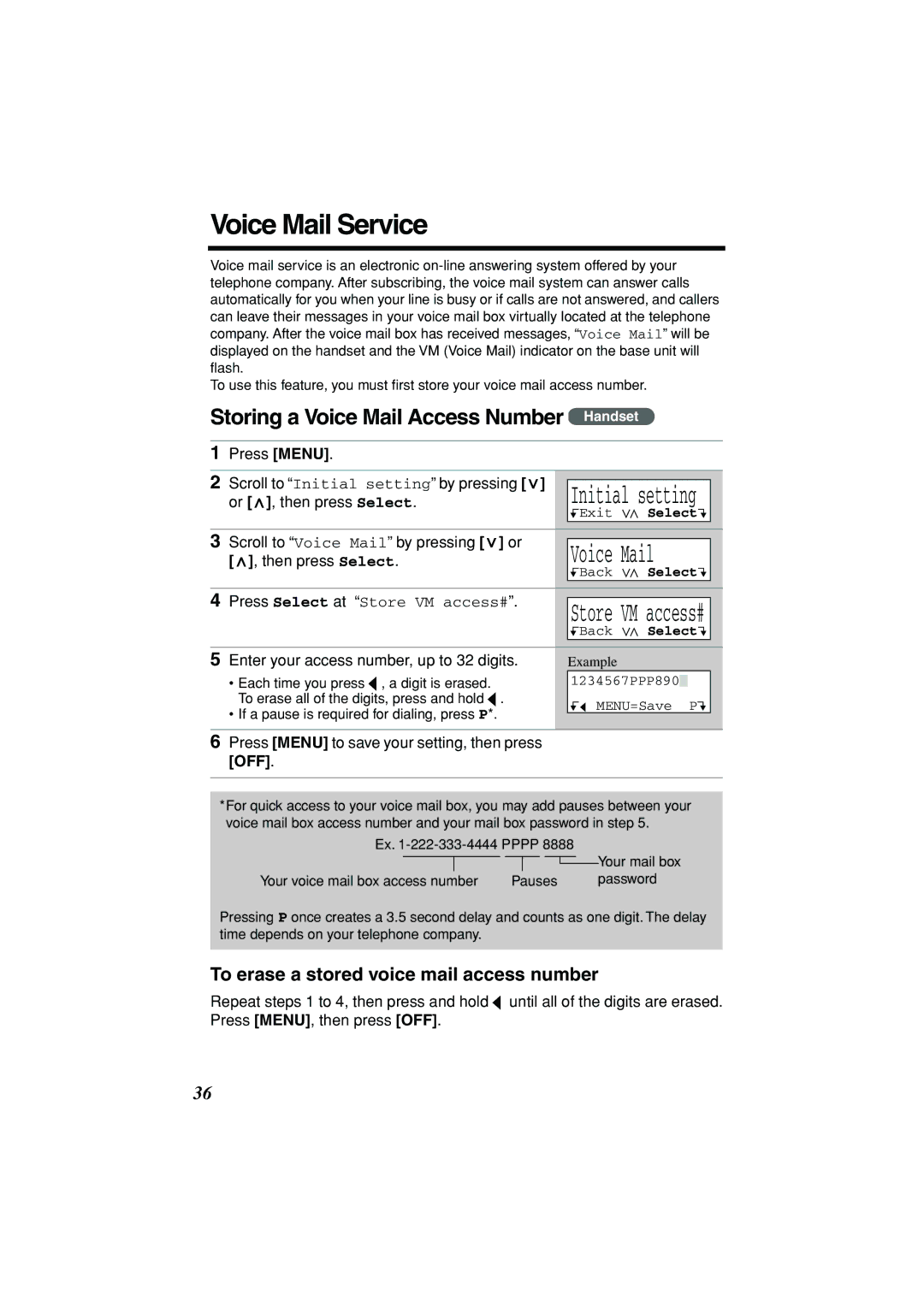 Panasonic KX-TG2235B operating instructions Voice Mail Service, Storing a Voice Mail Access Number Handset 