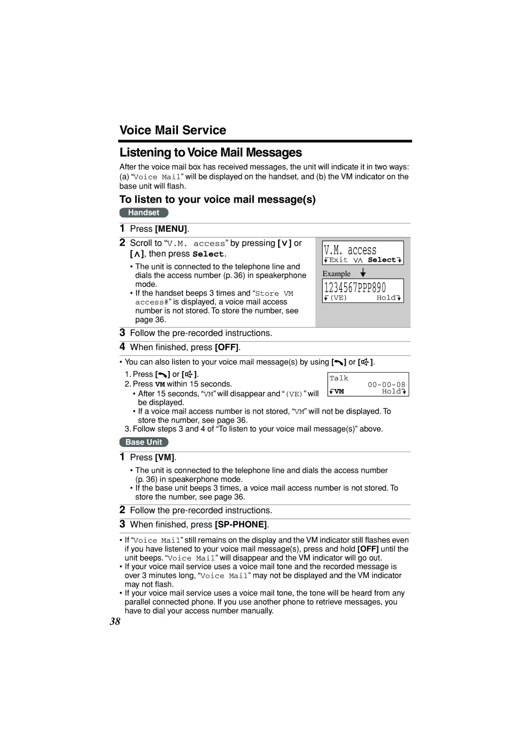 Panasonic KX-TG2235B Voice Mail Service Listening to Voice Mail Messages, To listen to your voice mail messages, Press VM 