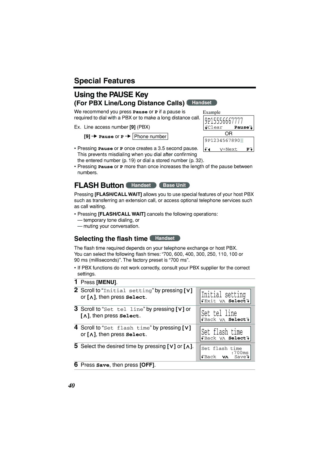 Panasonic KX-TG2235B operating instructions Special Features Using the Pause Key, For PBX Line/Long Distance Calls Handset 