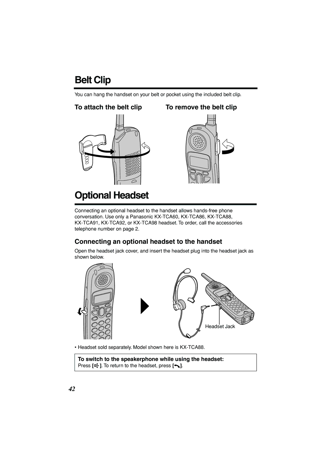 Panasonic KX-TG2235B operating instructions Belt Clip, Optional Headset, To attach the belt clip To remove the belt clip 