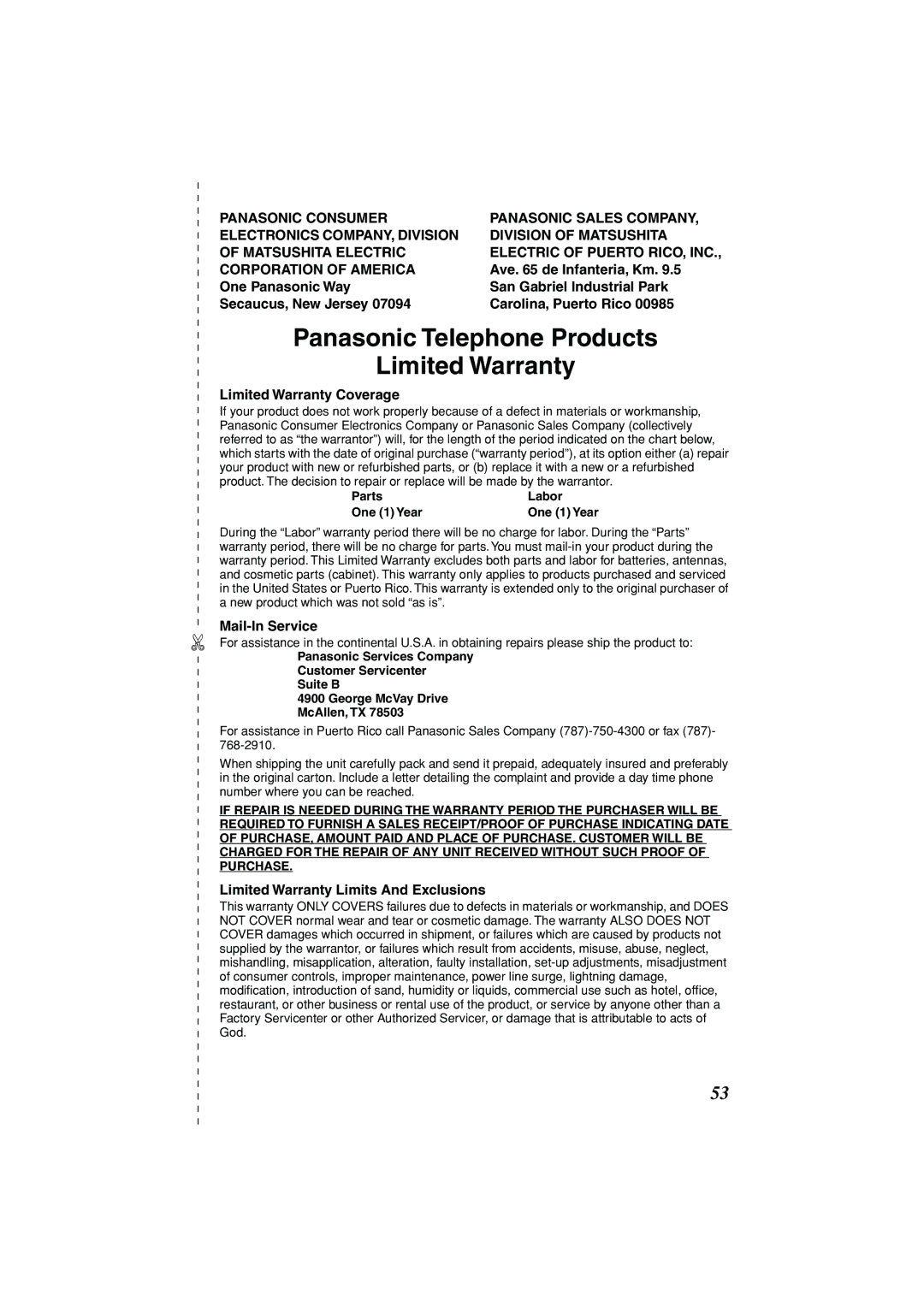 Panasonic KX-TG2235B operating instructions Panasonic Telephone Products Limited Warranty 