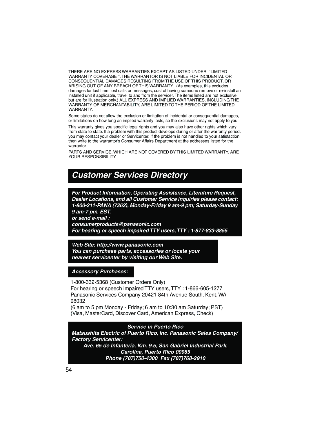 Panasonic KX-TG2235B operating instructions Customer Services Directory 