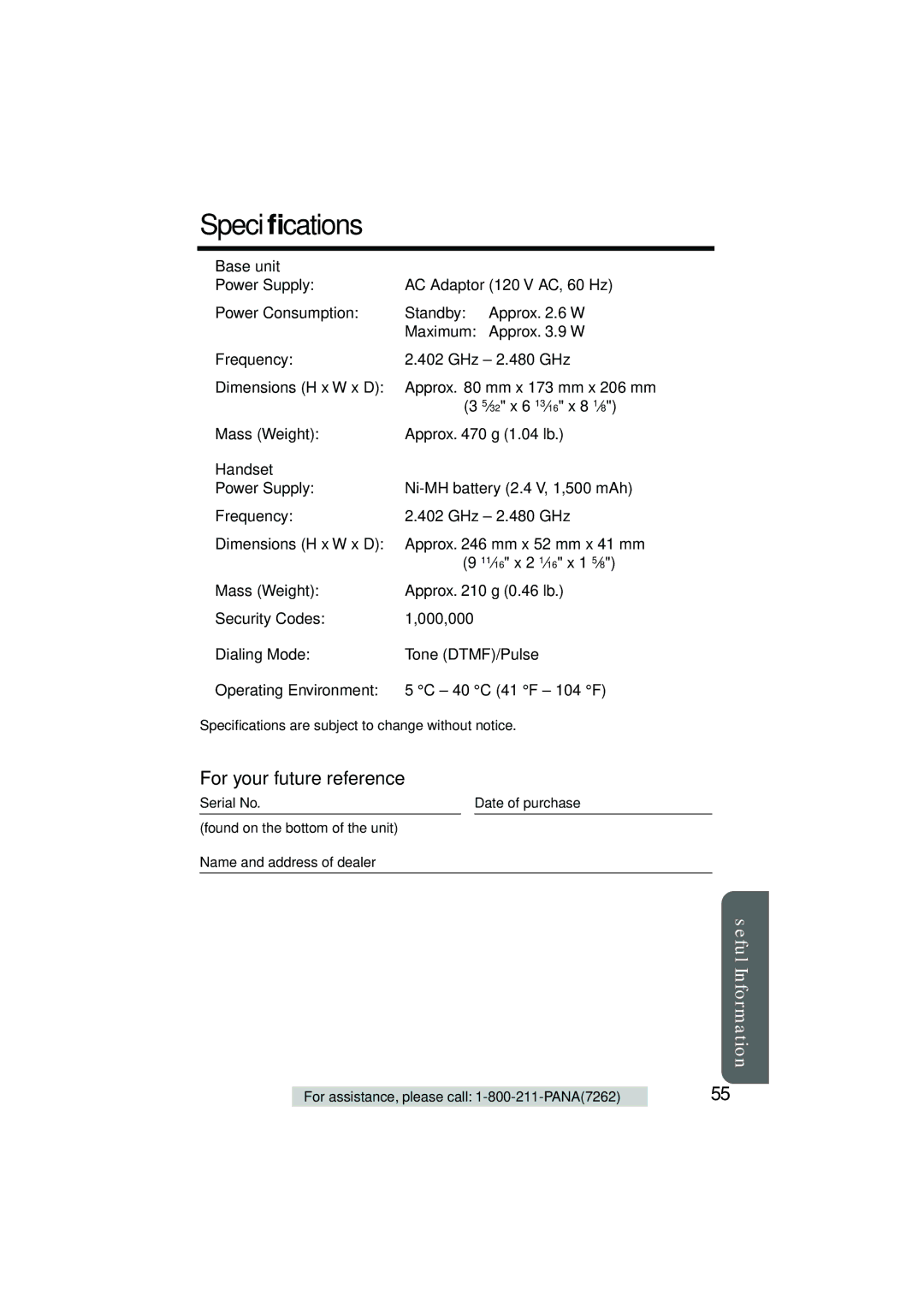 Panasonic KX-TG2235B operating instructions Speciﬁcations, For your future reference 