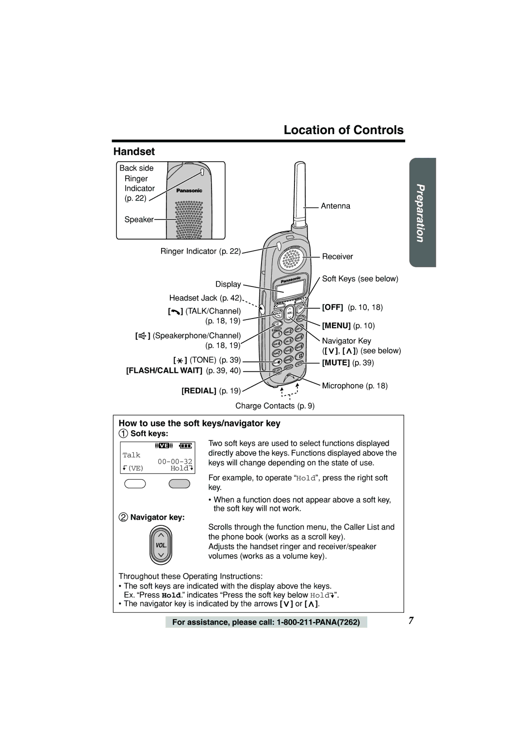 Panasonic KX-TG2235B operating instructions Location of Controls, Handset, How to use the soft keys/navigator key 