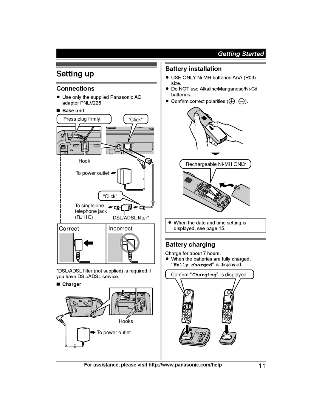 Panasonic KX-TG4743B, KX-TG223SK Setting up, Connections, Battery installation, Battery charging, Correct Incorrect 