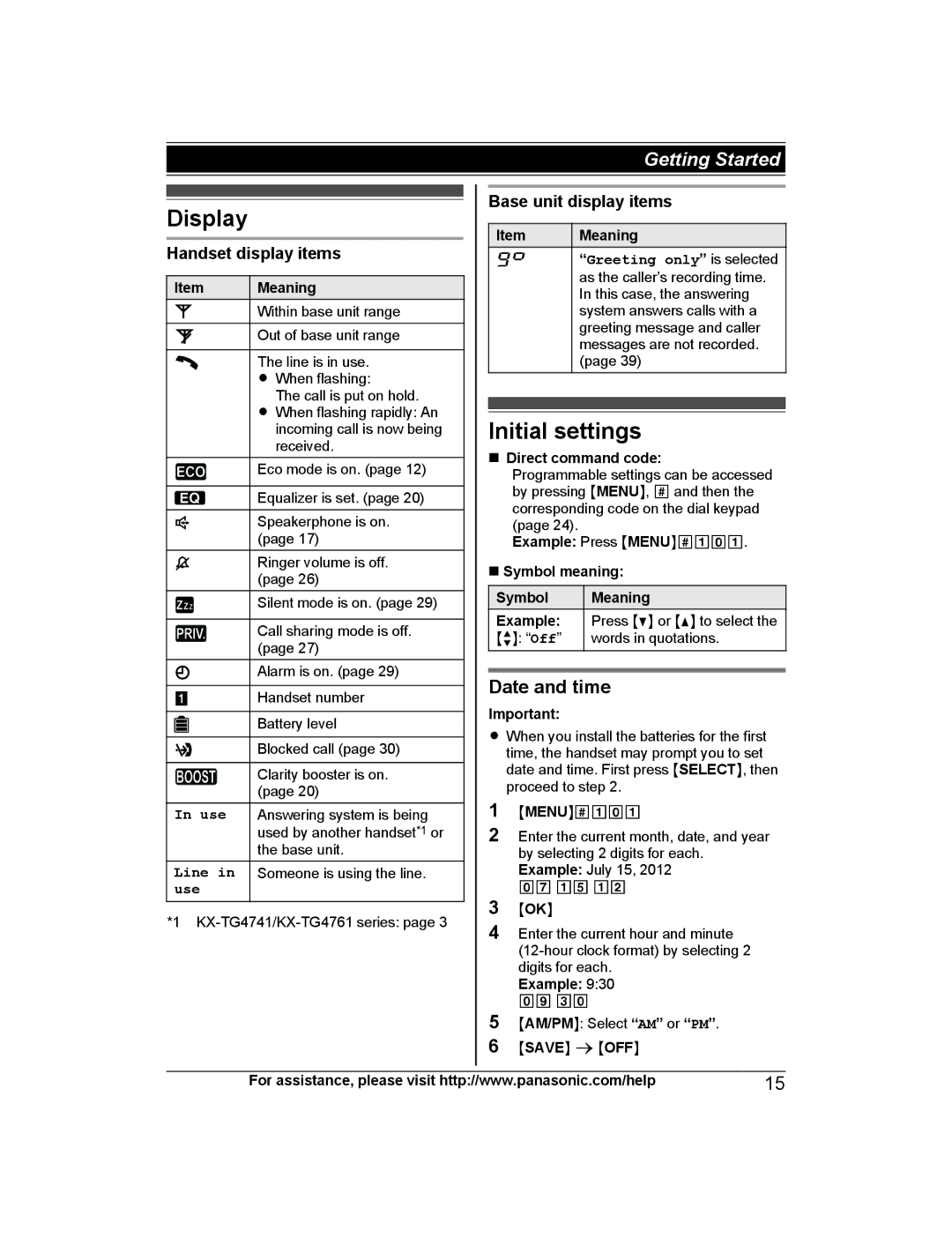 Panasonic KX-TG4742B, KX-TG223SK Display, Initial settings, Date and time, Handset display items, Base unit display items 