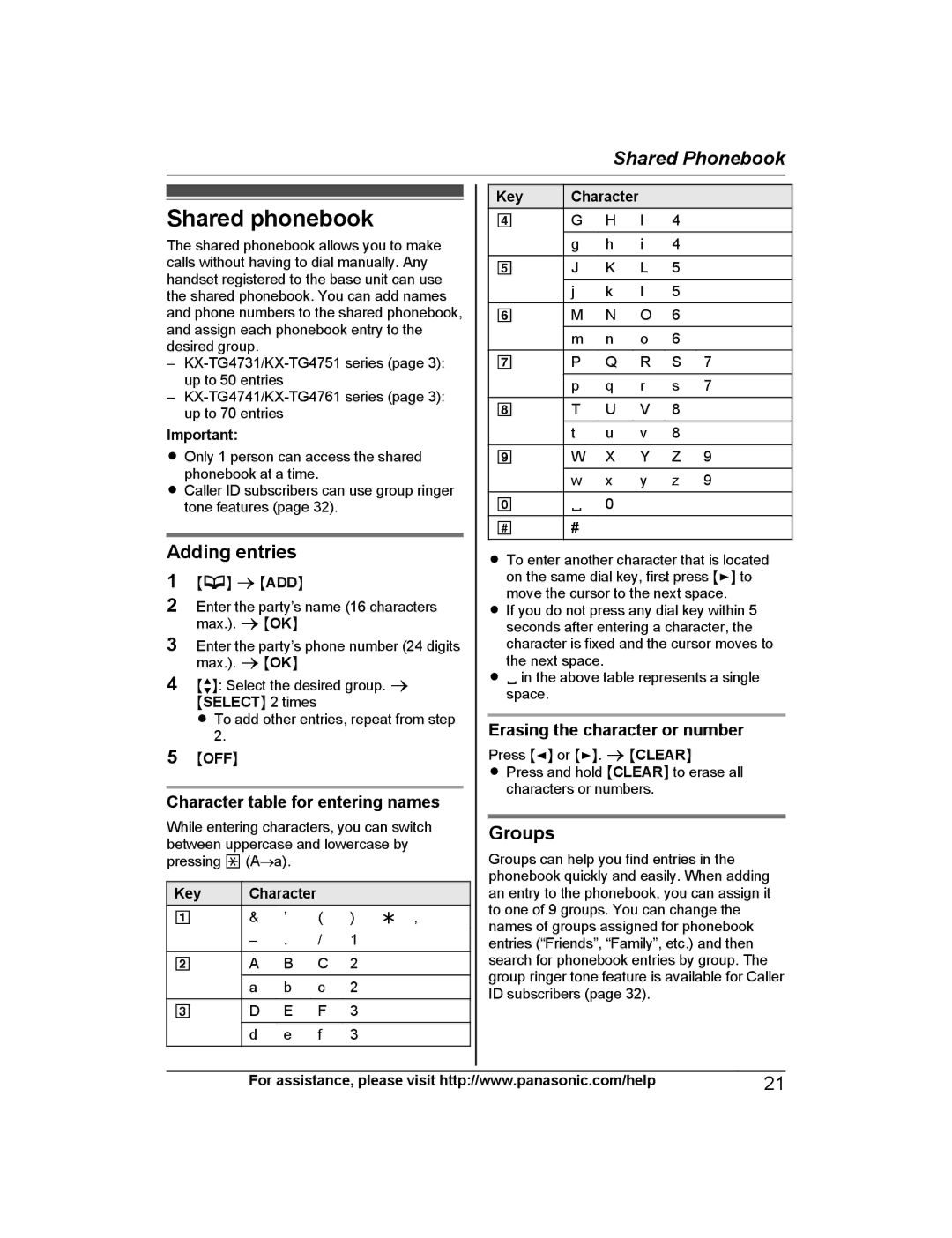 Panasonic KX-TG4734, KX-TG223SK, KX-TG4745B Shared phonebook, Adding entries, Groups, Character table for entering names 