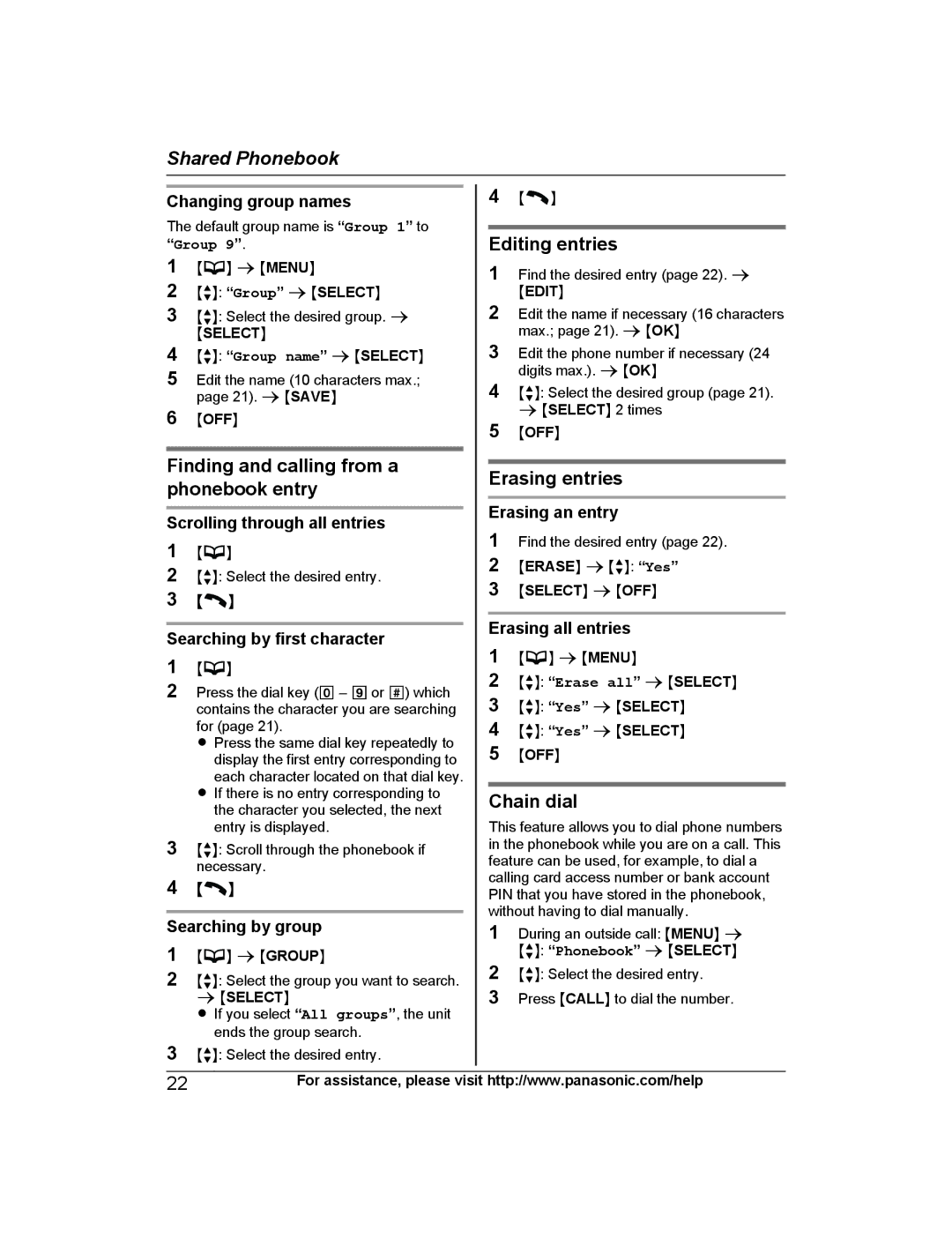 Panasonic KX-TG223SK, KX-TG4745B Editing entries, Finding and calling from a Erasing entries Phonebook entry, Chain dial 