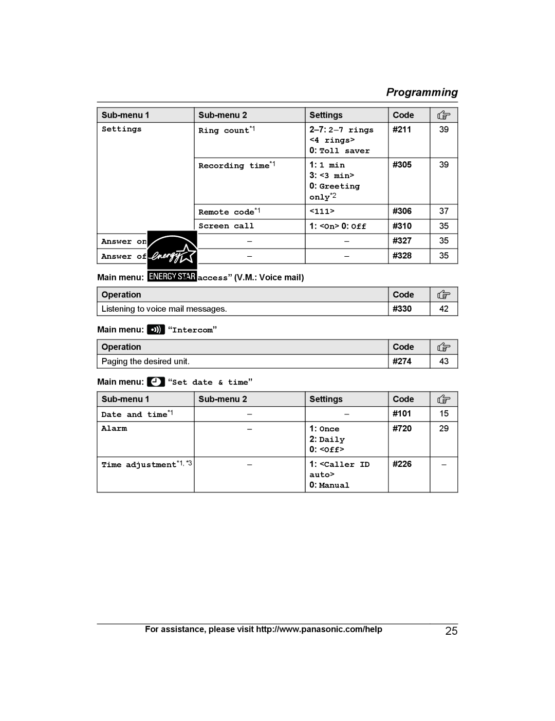 Panasonic KX-TG4744B, KX-TG223SK, KX-TG4745 Sub-menu Settings Code, #211, #305, #306, On 0 Off #310, #327, #101, #720, #226 