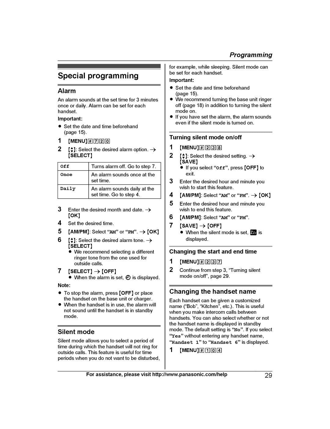 Panasonic KXTG4745B, KX-TG223SK, KX-TG4745B, KX-TG4744B Special programming, Alarm, Silent mode, Changing the handset name 