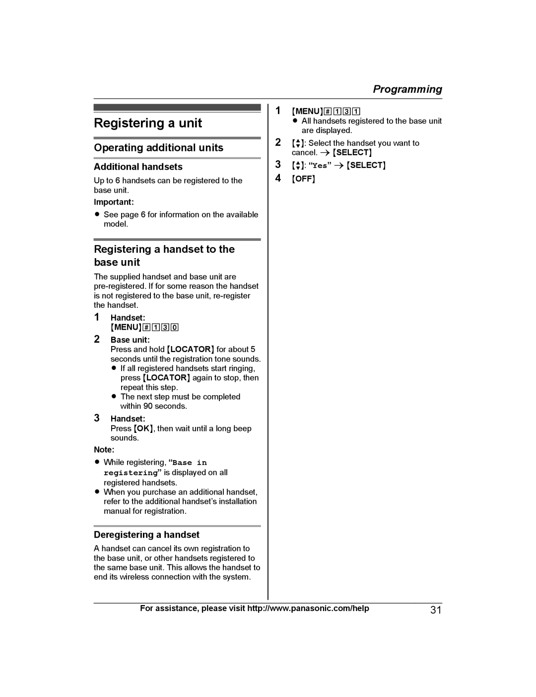 Panasonic KXTG4734B, KX-TG223SK Registering a unit, Operating additional units, Registering a handset to the base unit 