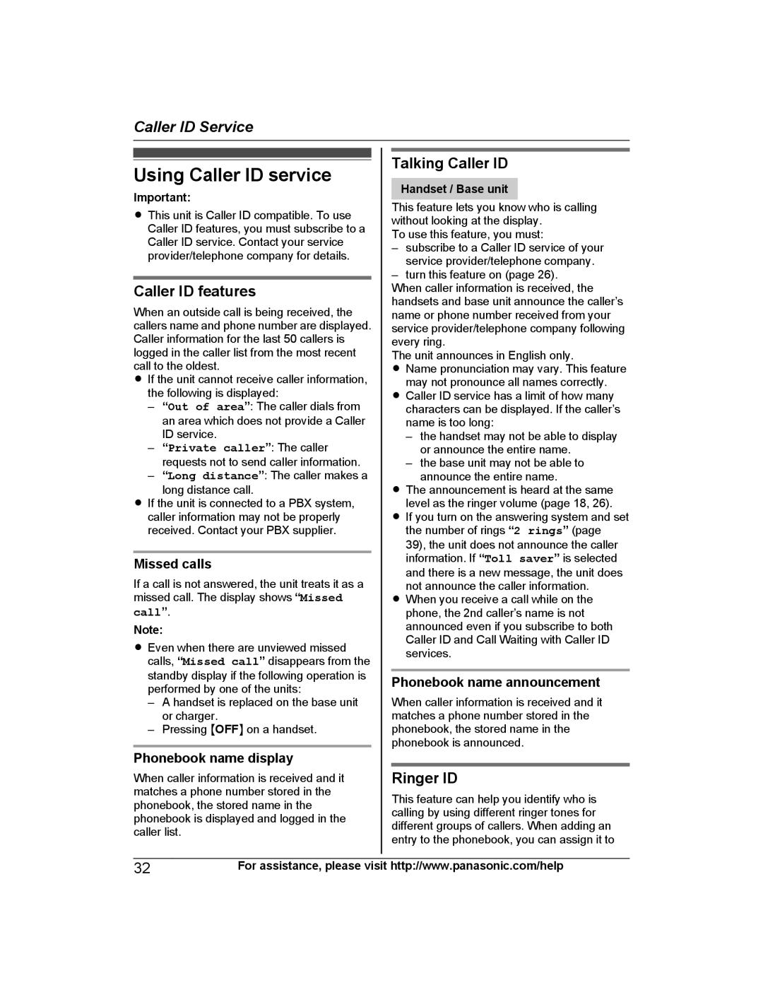 Panasonic KXTG4744B, KX-TG223SK, KX-TG4745B Using Caller ID service, Caller ID features, Talking Caller ID, Ringer ID 