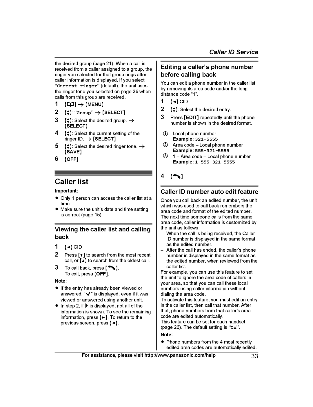 Panasonic KX-TG4743B, KX-TG223SK Caller list, Viewing the caller list and calling back, Caller ID number auto edit feature 