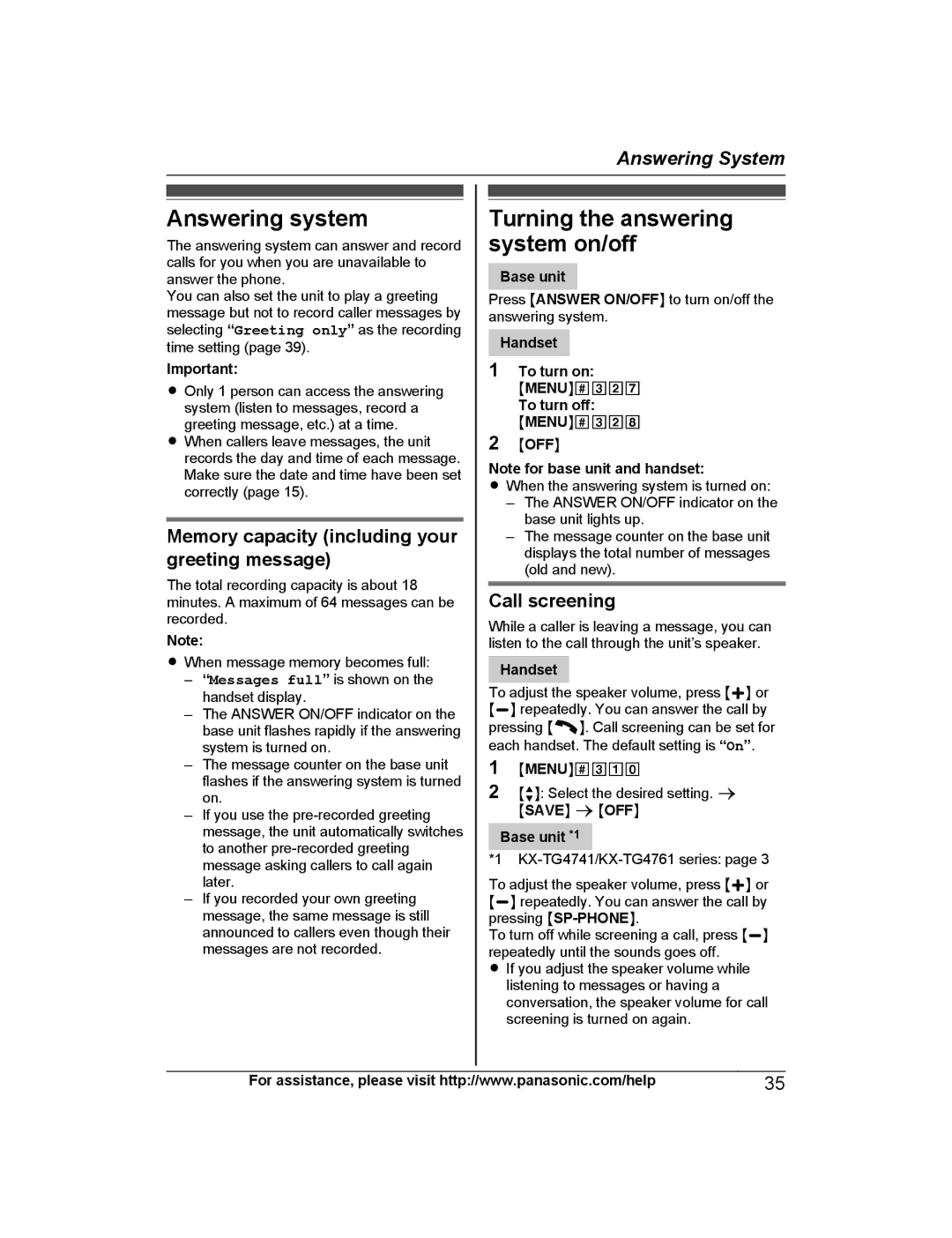 Panasonic KX-TG4741B, KX-TG223SK, KX-TG4745B Answering system, Turning the answering system on/off, Call screening 