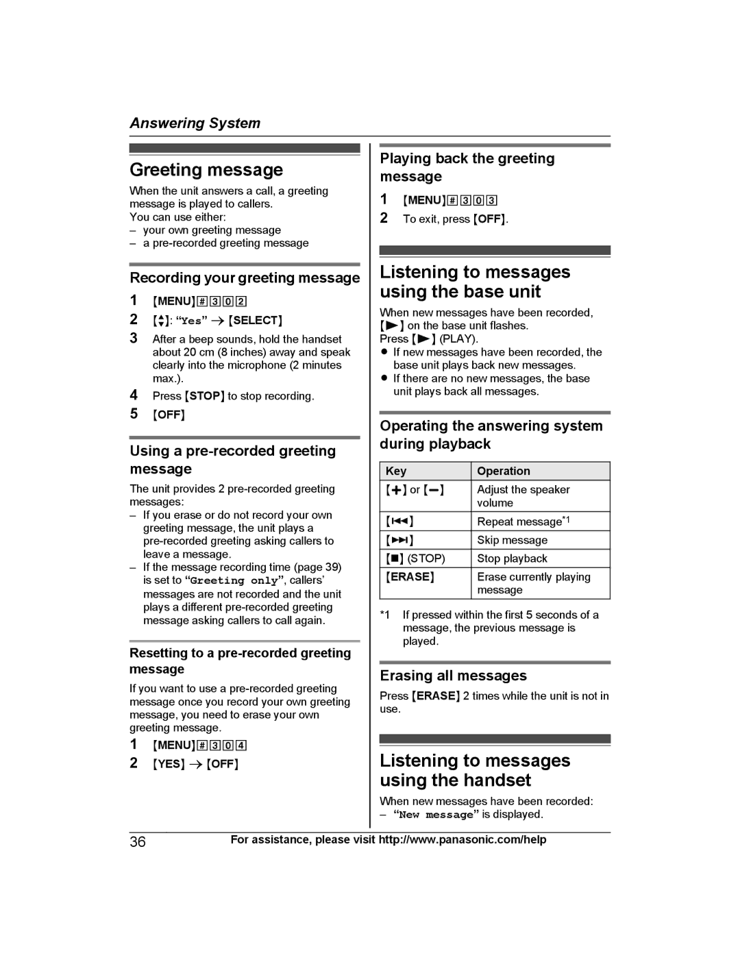 Panasonic KX-TG4734B Greeting message, Listening to messages using the base unit, Listening to messages using the handset 