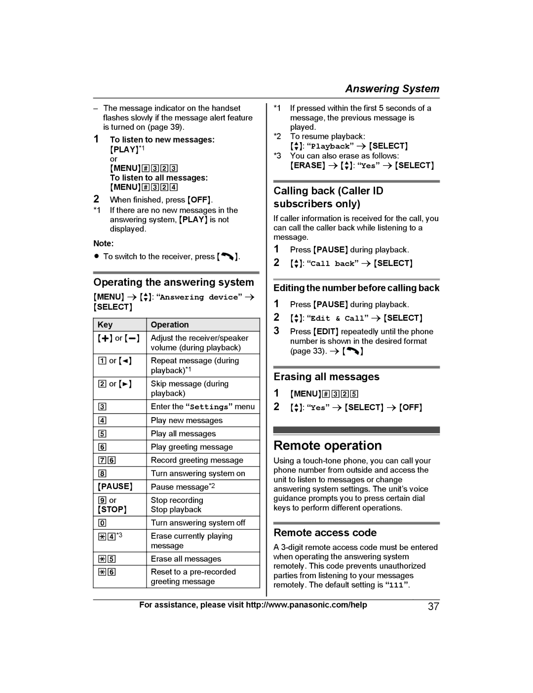 Panasonic KX-TG4742B, KX-TG223SK Remote operation, Operating the answering system, Calling back Caller ID subscribers only 