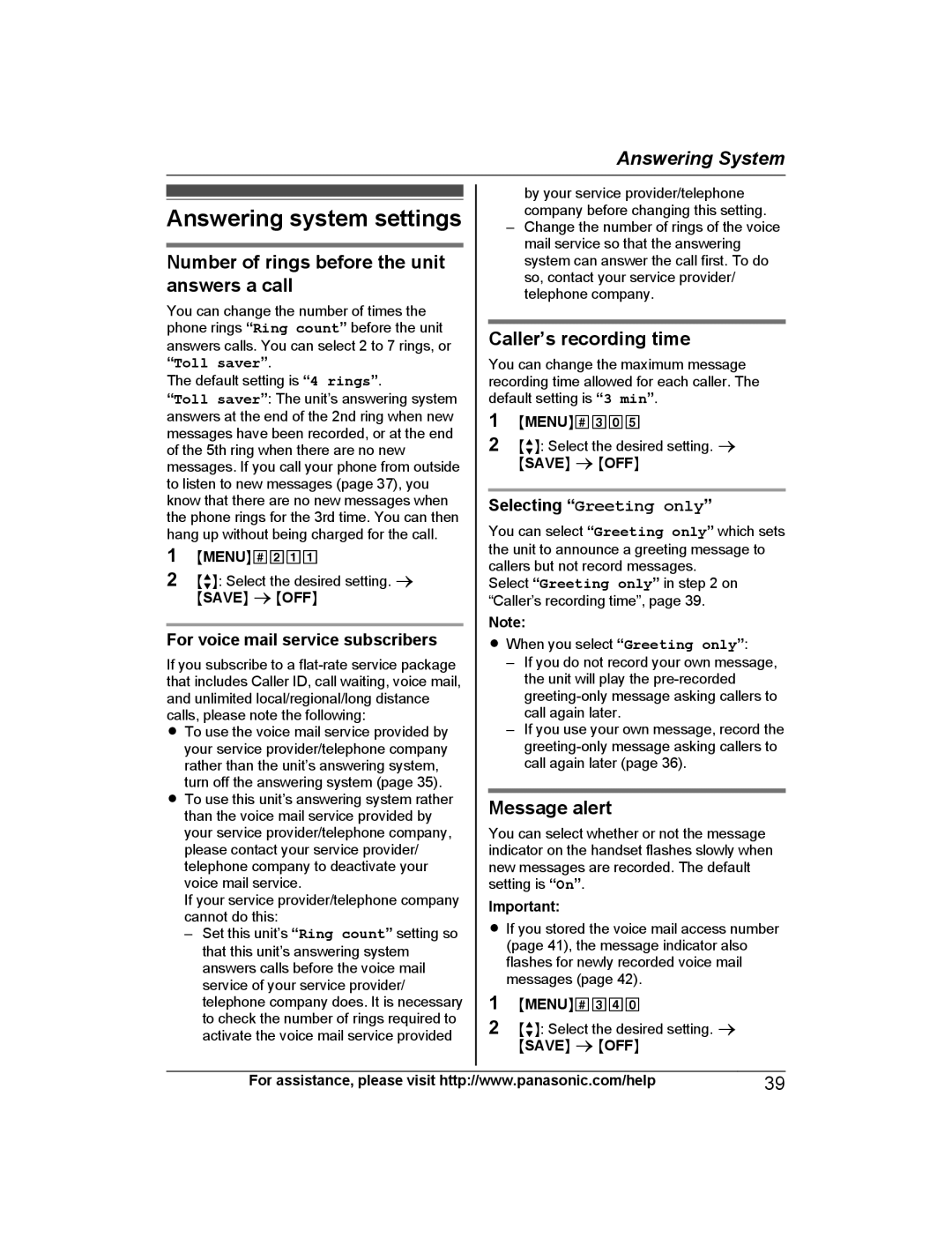 Panasonic KX-TG4732 Answering system settings, Number of rings before the unit answers a call, Caller’s recording time 