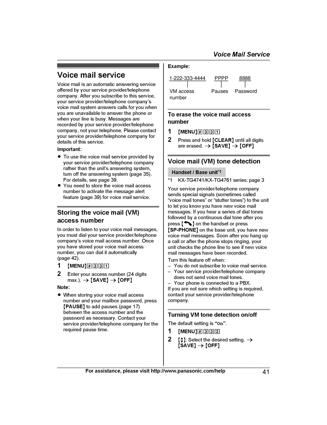 Panasonic KX-TG4731, KX-TG223SK Voice mail service, Storing the voice mail VM access number, Voice mail VM tone detection 