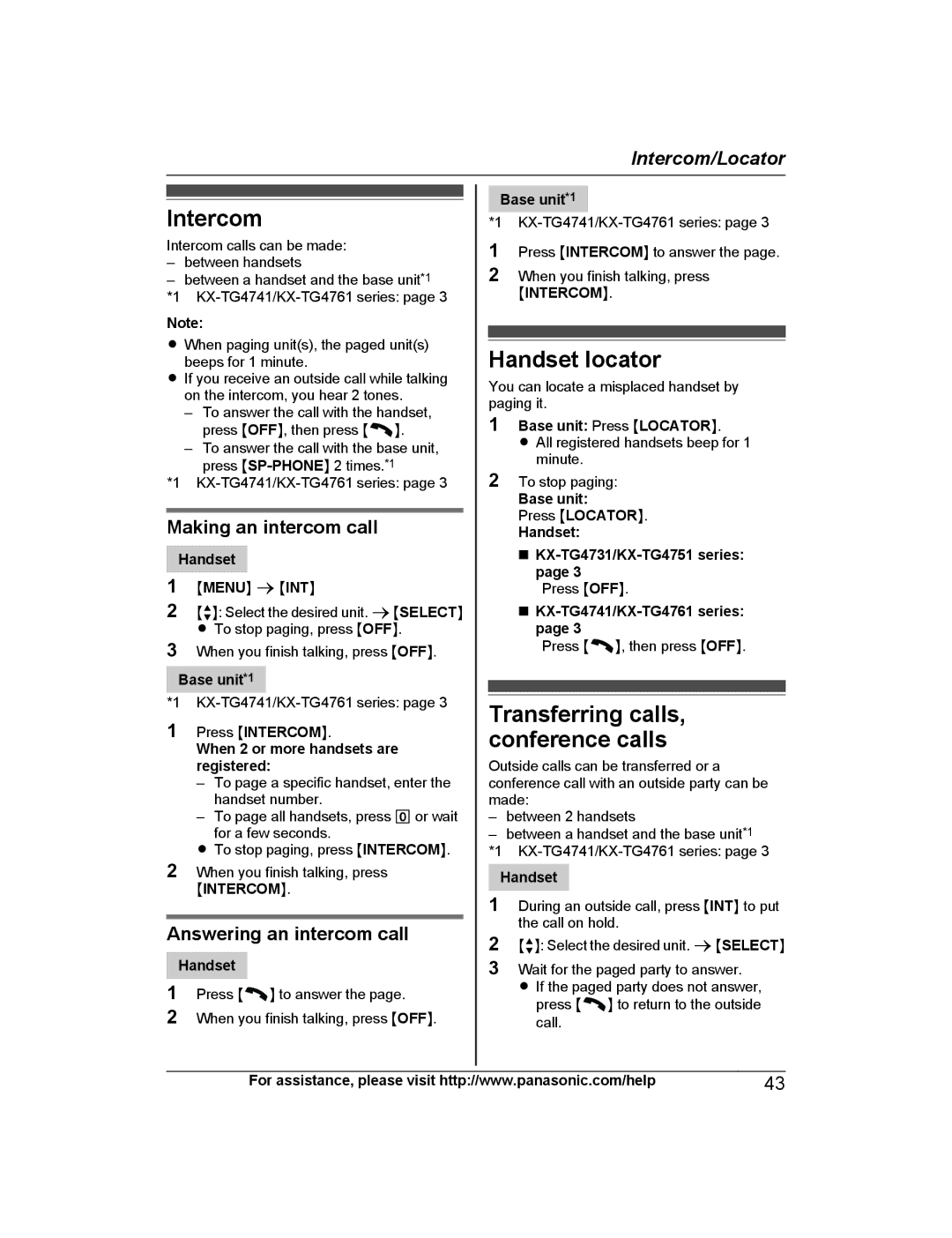 Panasonic KX-TG4734, KX-TG223SK Intercom, Handset locator, Transferring calls, conference calls, Making an intercom call 