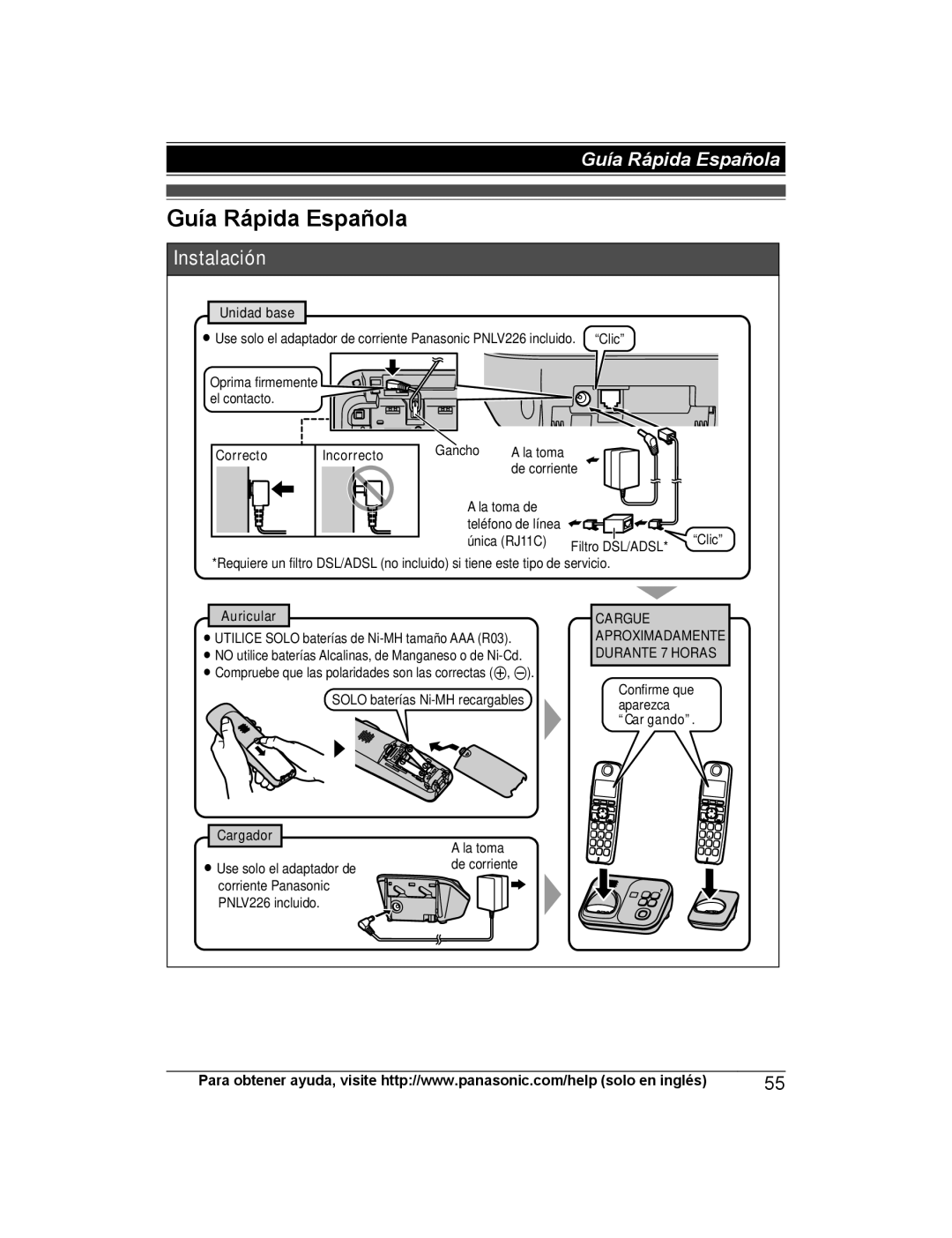 Panasonic KX-TG4743B, KX-TG223SK, KX-TG4745B Guía Rápida Española, Unidad base, Correcto Incorrecto, Auricular, Cargador 