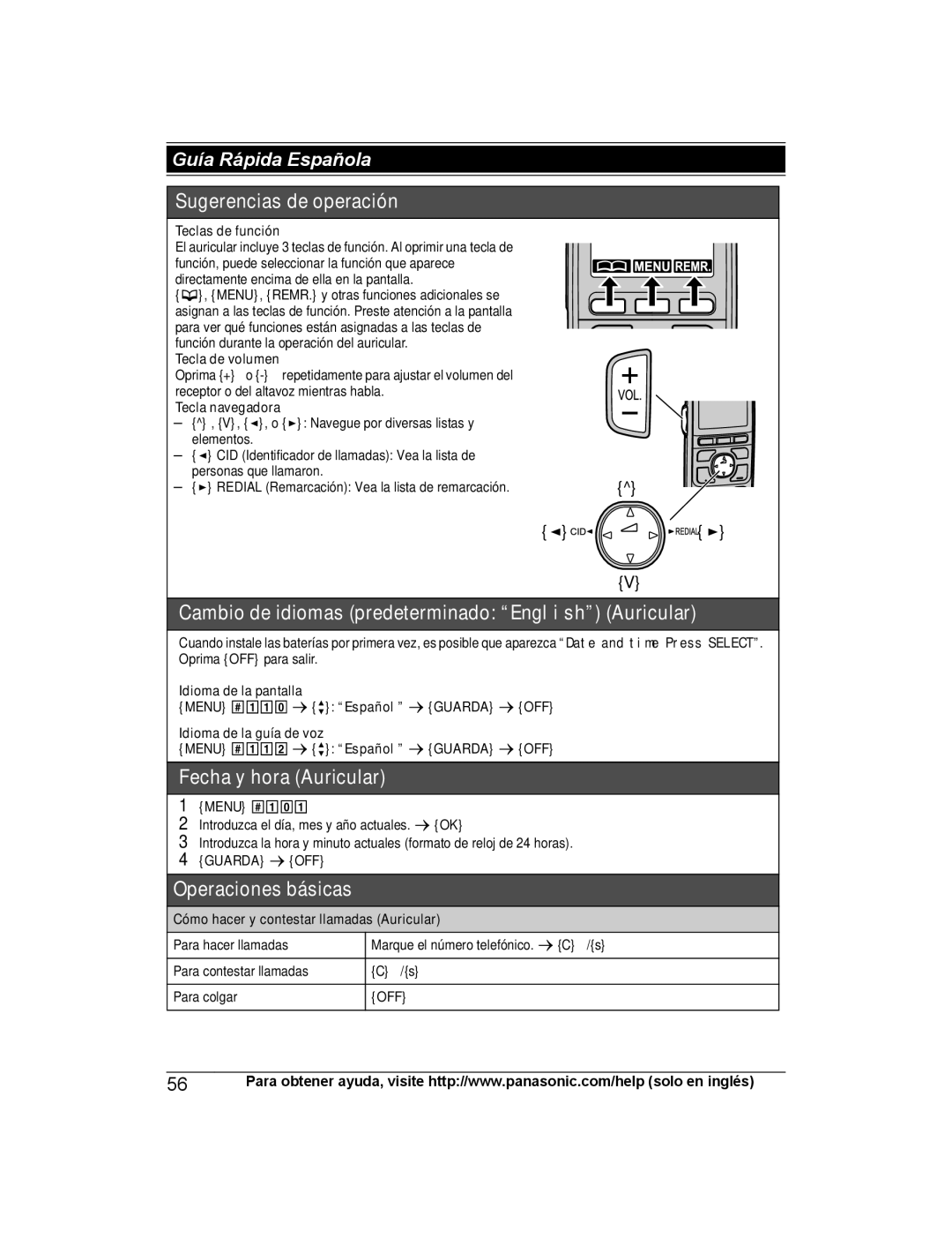 Panasonic KX-TG4741 Teclas de función, Tecla de volumen, Tecla navegadora, Idioma de la pantalla, Idioma de la guía de voz 