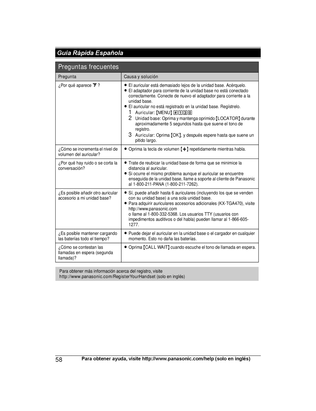 Panasonic KX-TG4734B, KX-TG223SK, KX-TG4745B, KX-TG4744B, KXTG4741B, KXTG4753B Pregunta Causa y solución, Auricular Menu 