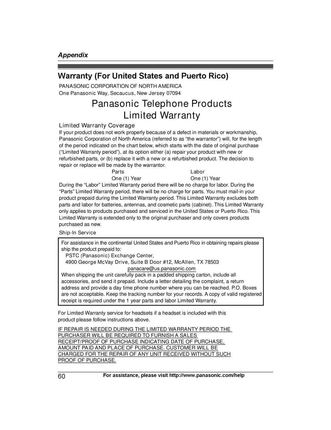 Panasonic KX-TG4733B Warranty For United States and Puerto Rico, Limited Warranty Coverage, Parts Labor One 1 Year 