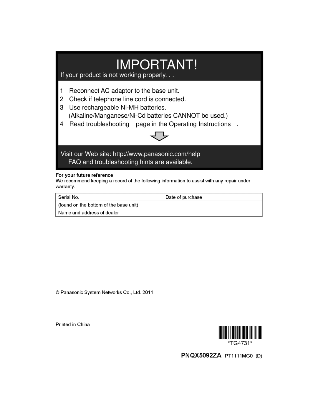 Panasonic KX-TG4733, KX-TG223SK Read troubleshooting page in the Operating Instructions, For your future reference 