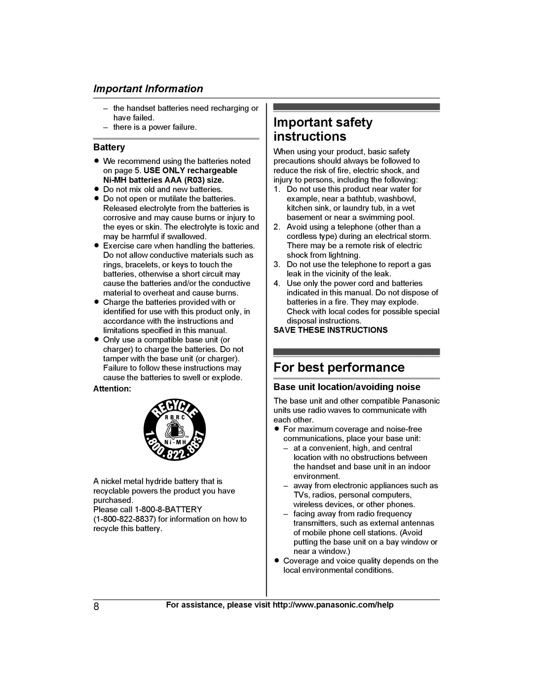 Panasonic KXTG4733B Important safety instructions, For best performance, Battery, Base unit location/avoiding noise 