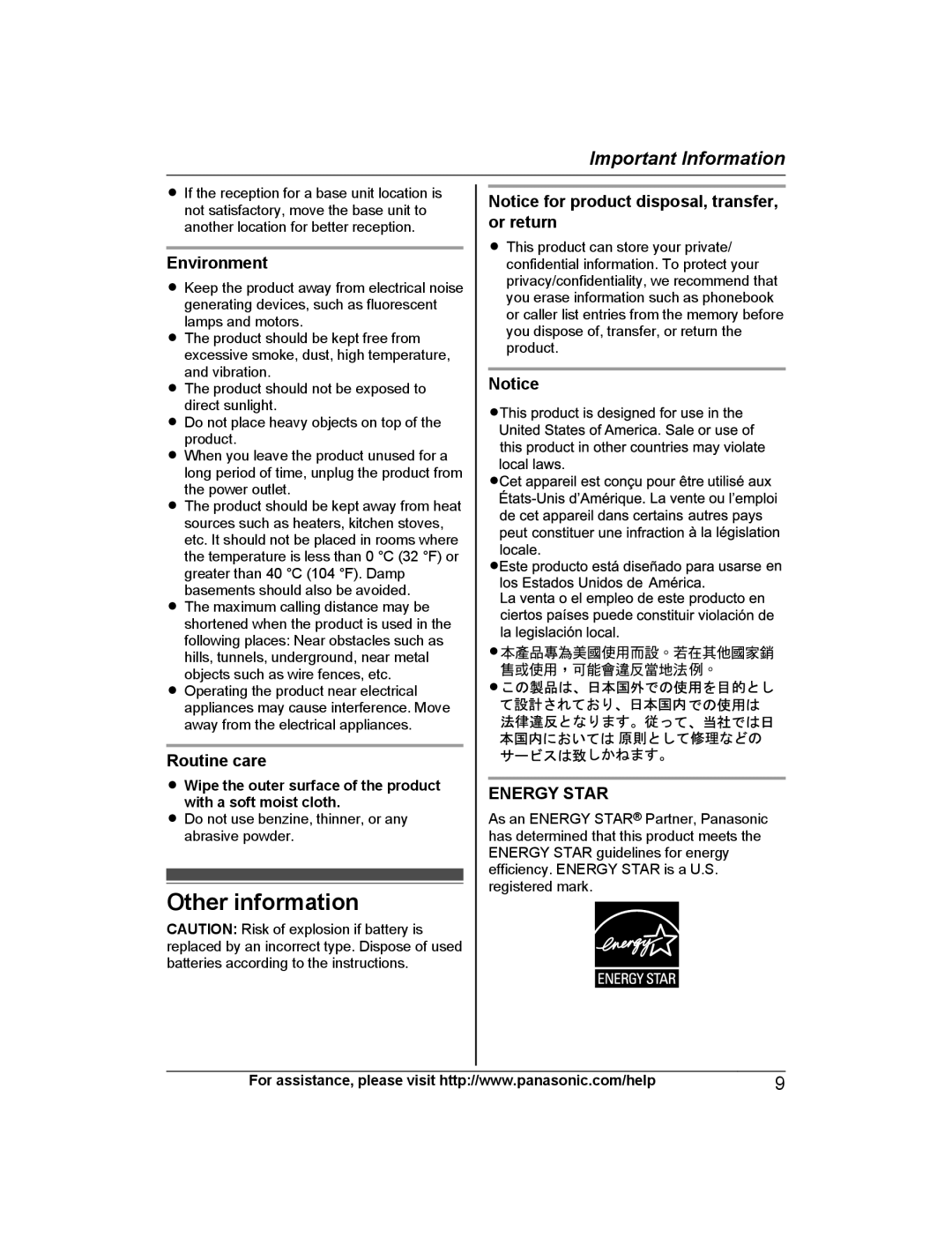 Panasonic KXTG4734B, KX-TG223SK, KX-TG4745B, KX-TG4744B, KXTG4741B, KXTG4753B Other information, Environment, Routine care 