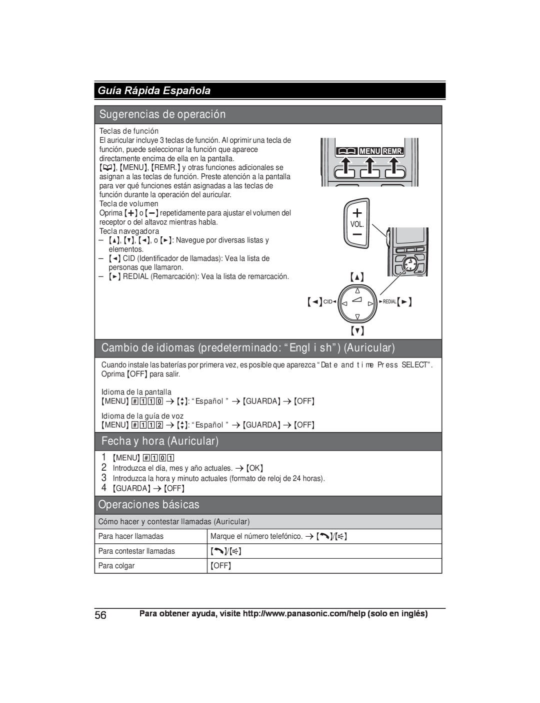 Panasonic KX-TG4741 Sugerencias de operación, Cambio de idiomas predeterminado “English” Auricular, Fecha y hora Auricular 