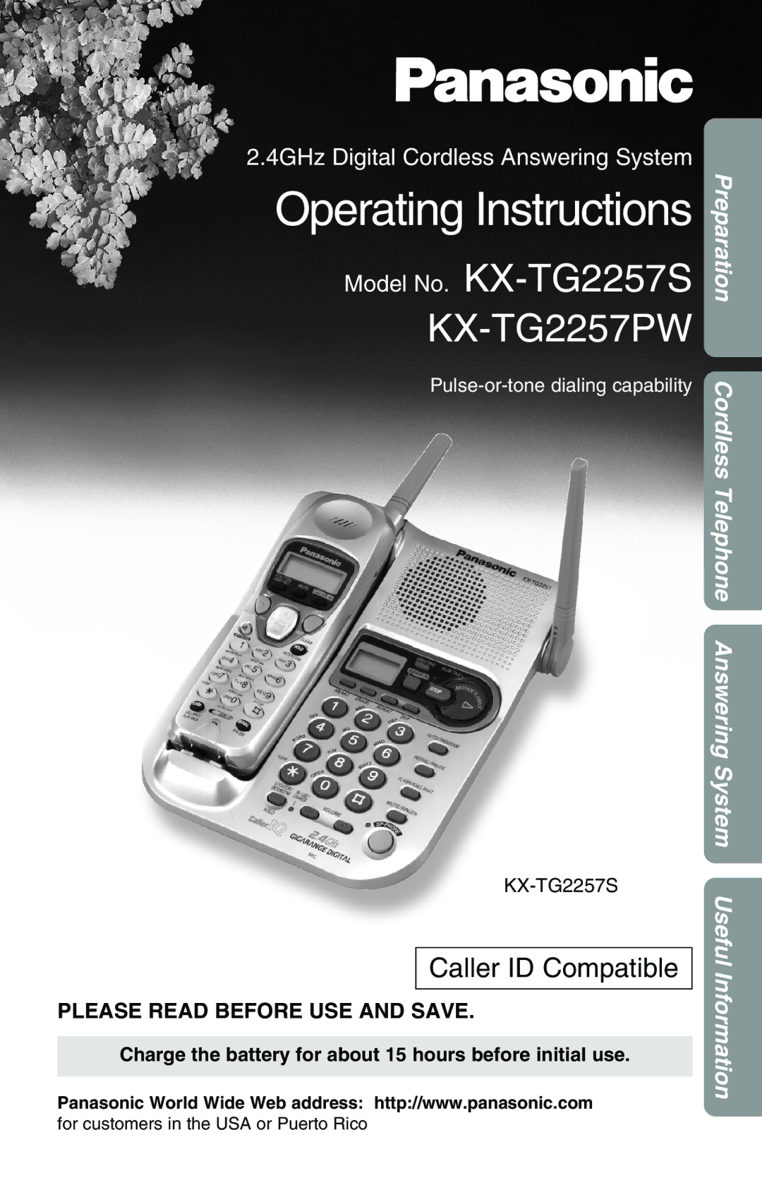 Panasonic KX-TG2257PW, KX-TG2257S operating instructions Charge the battery for about 15 hours before initial use 