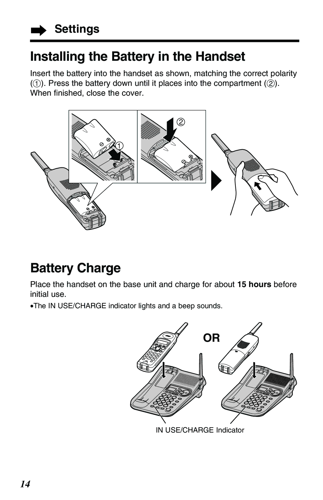 Panasonic KX-TG2257PW, KX-TG2257S operating instructions Installing the Battery in the Handset, Settings 